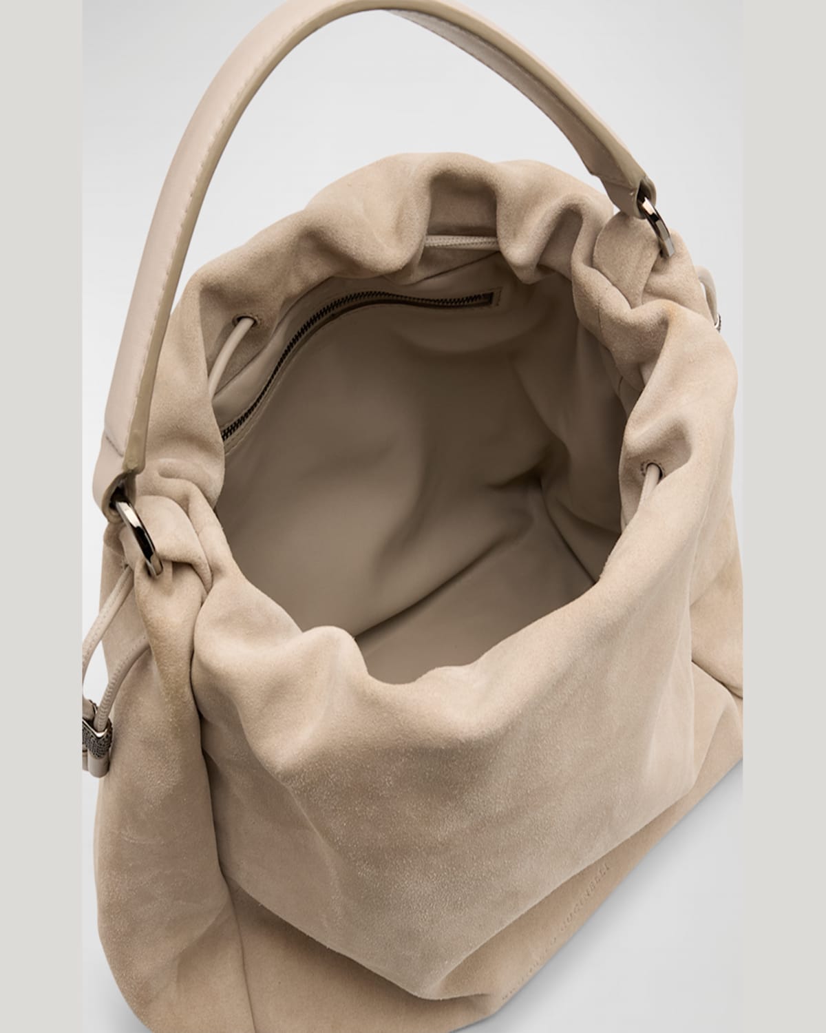 Brunello Cucinelli Medium Drawstring Suede Top-handle Bag In Quarzo
