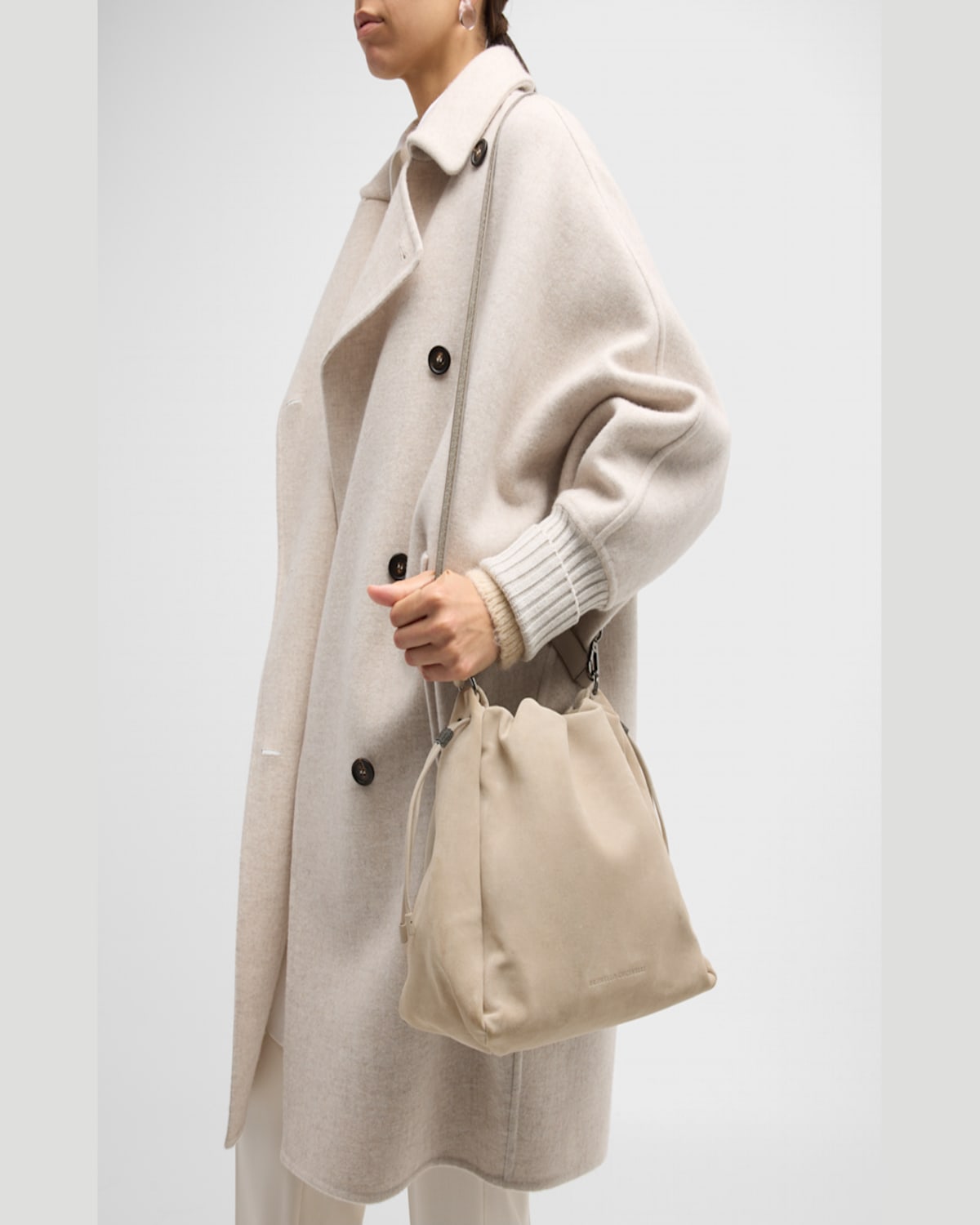 Brunello Cucinelli Medium Drawstring Suede Top-handle Bag In Quarzo