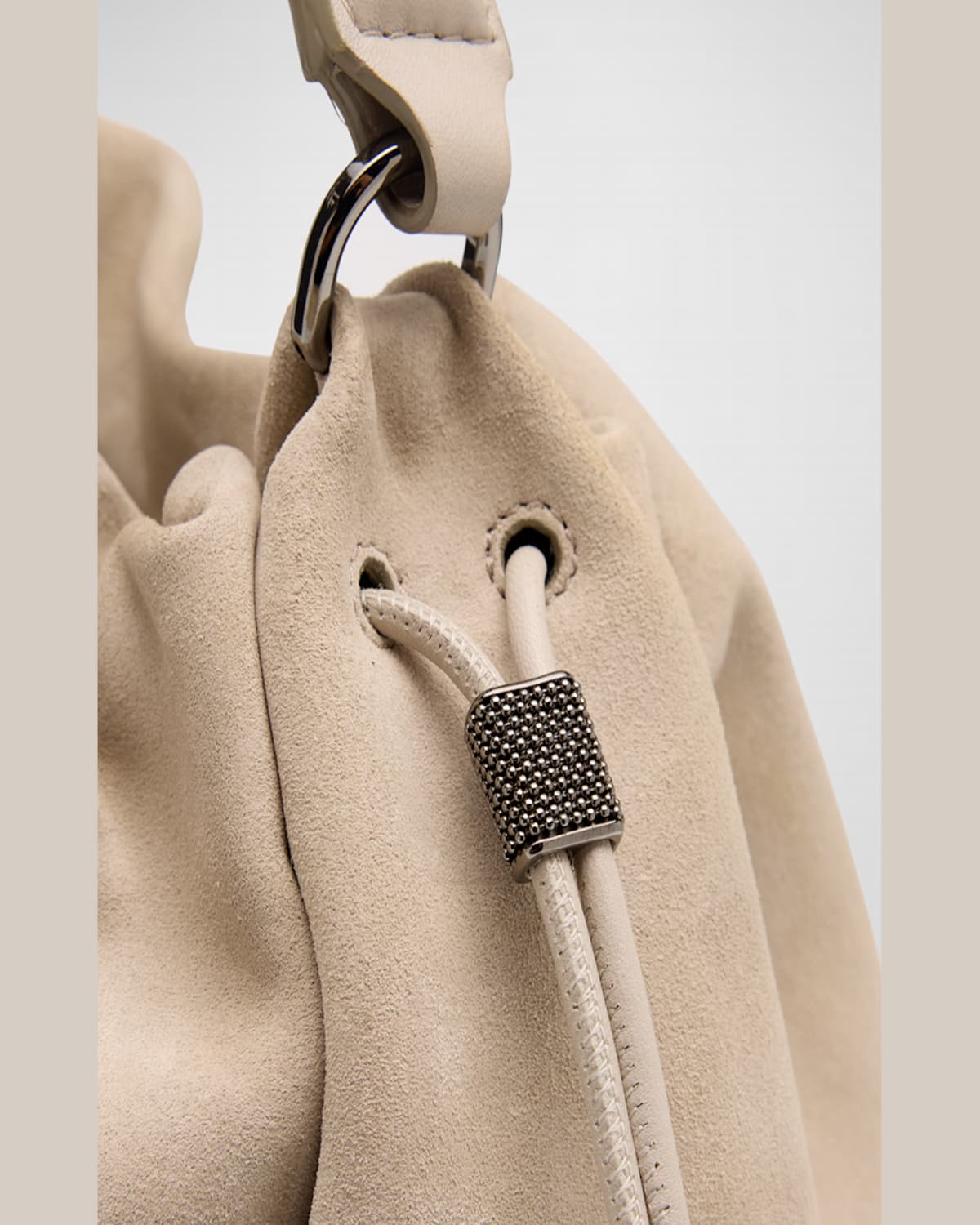 Brunello Cucinelli Medium Drawstring Suede Top-handle Bag In Quarzo