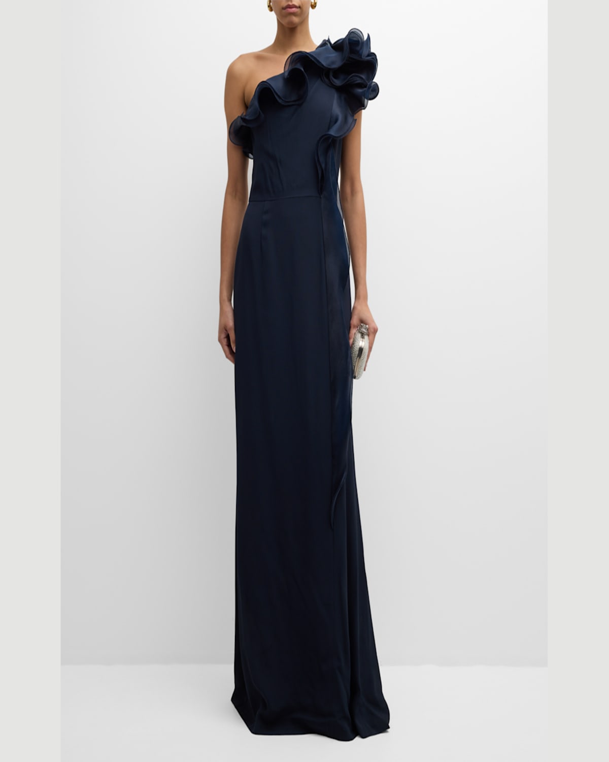Rickie Freeman For Teri Jon One-shoulder Ruffle Column Gown In Hot Pink