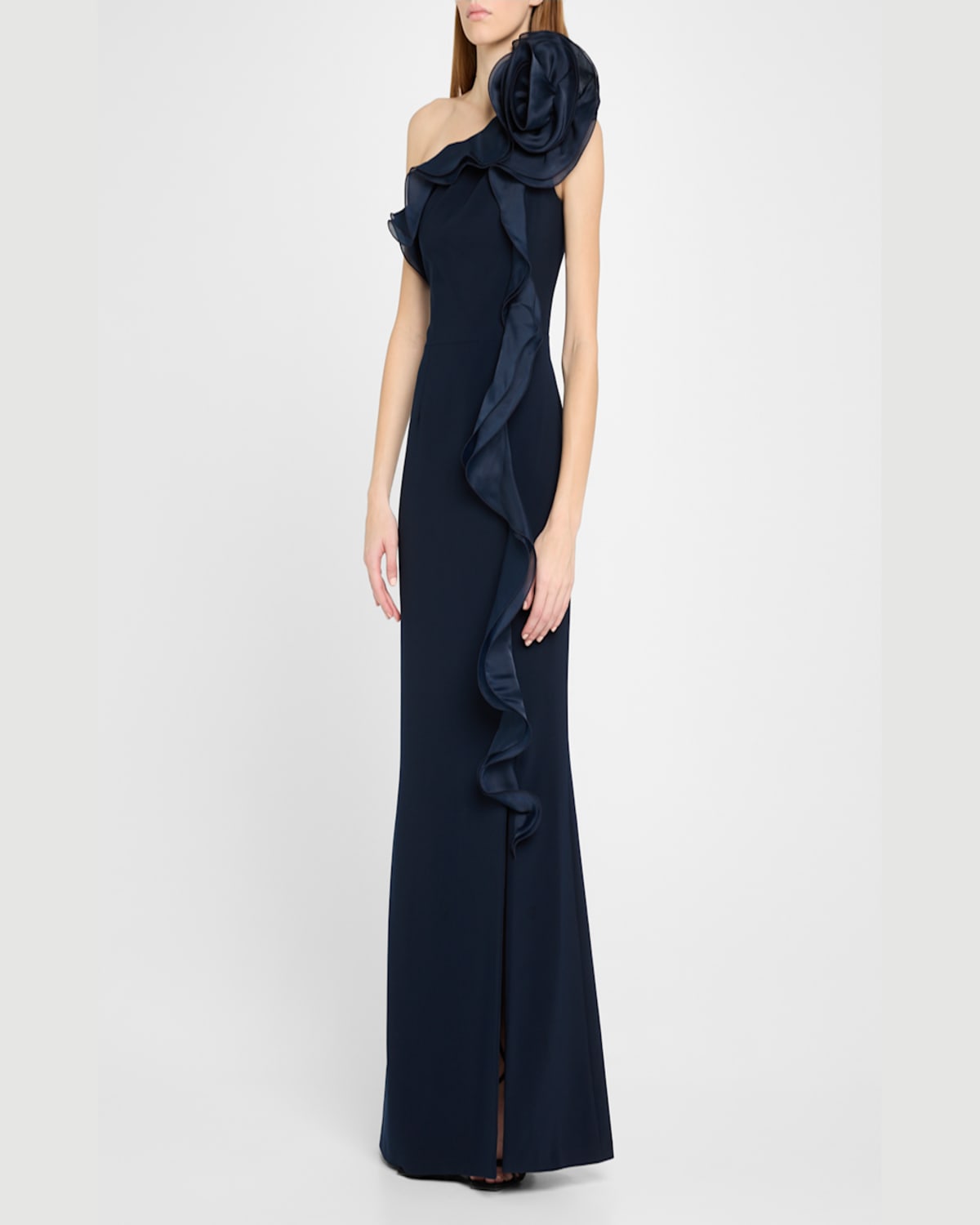 Rickie Freeman For Teri Jon One-shoulder Ruffle Column Gown In Hot Pink