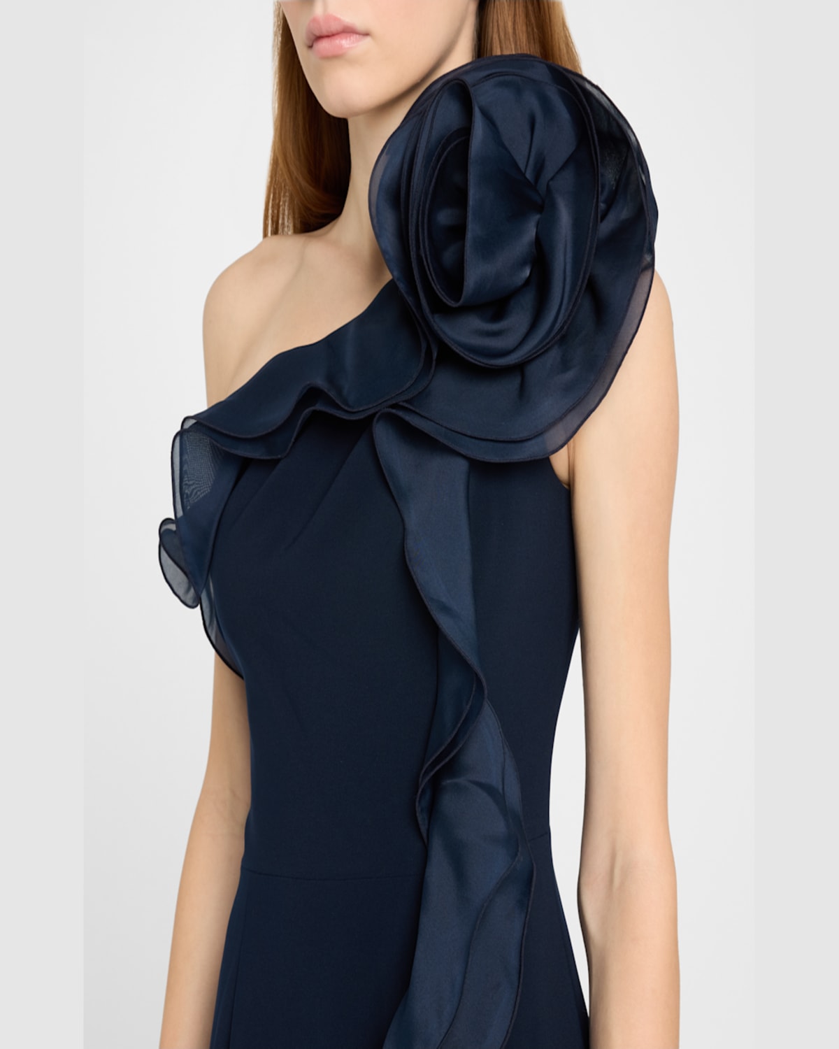 Rickie Freeman For Teri Jon One-shoulder Ruffle Column Gown In Hot Pink