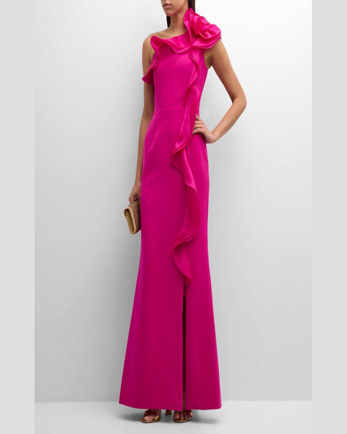 Rickie Freeman For Teri Jon One-shoulder Ruffle Column Gown In Hot Pink