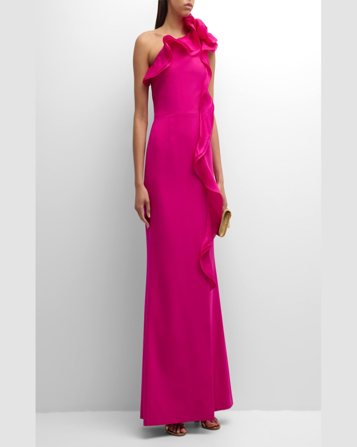 Rickie Freeman For Teri Jon One-shoulder Ruffle Column Gown In Hot Pink