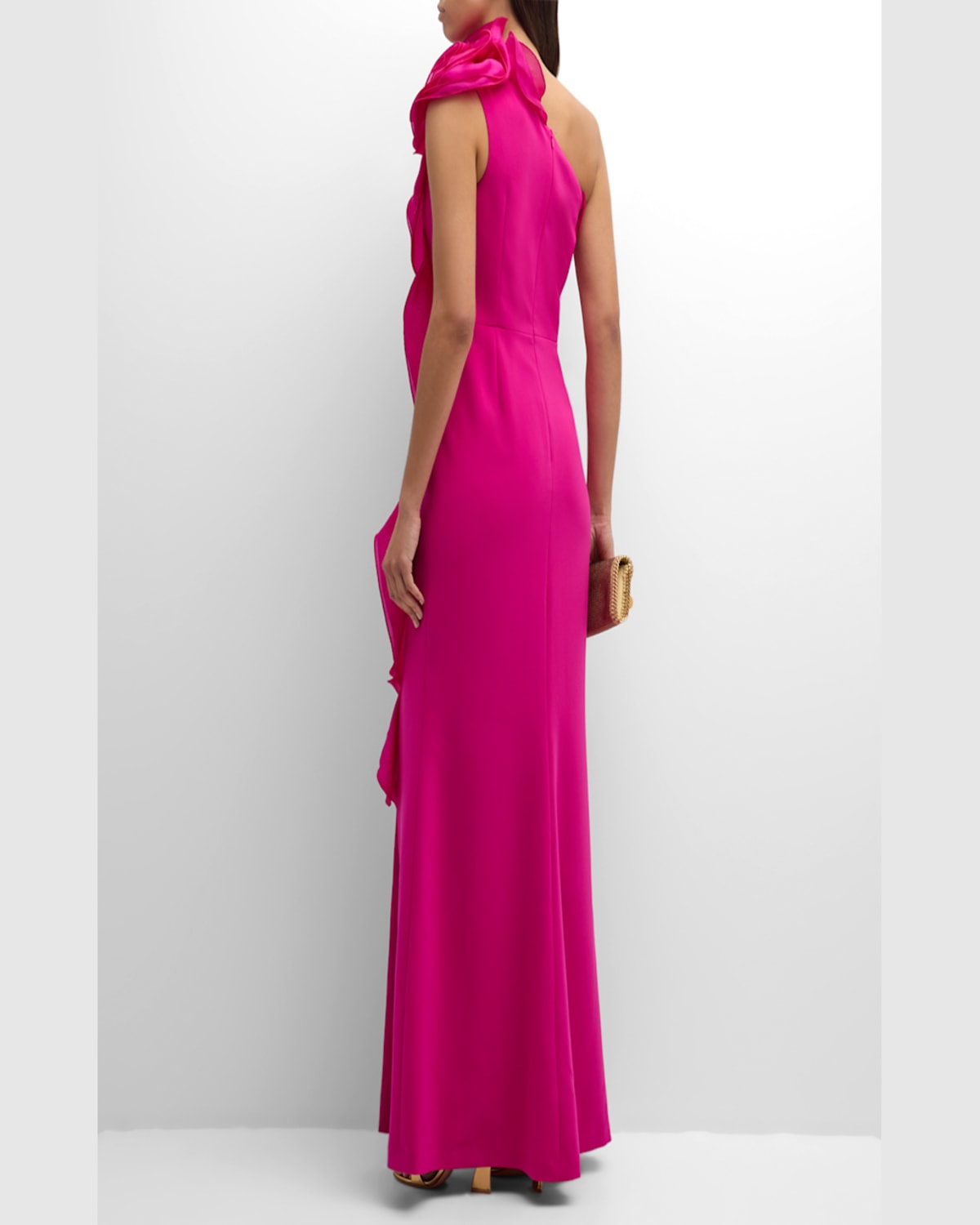 Rickie Freeman For Teri Jon One-shoulder Ruffle Column Gown In Hot Pink