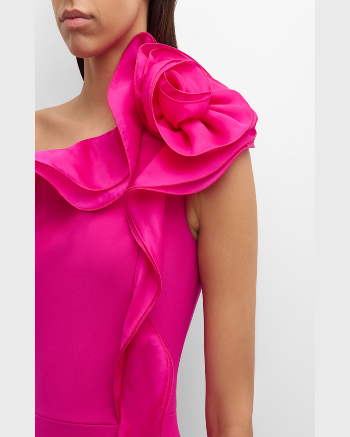 Rickie Freeman For Teri Jon One-shoulder Ruffle Column Gown In Hot Pink