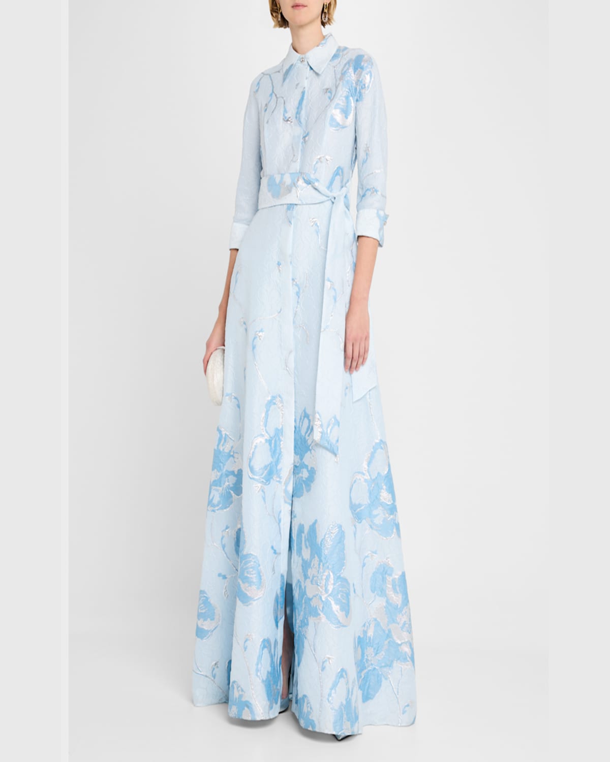Rickie Freeman For Teri Jon A-line Metallic Jacquard Shirt Gown In Lt Blue Multi