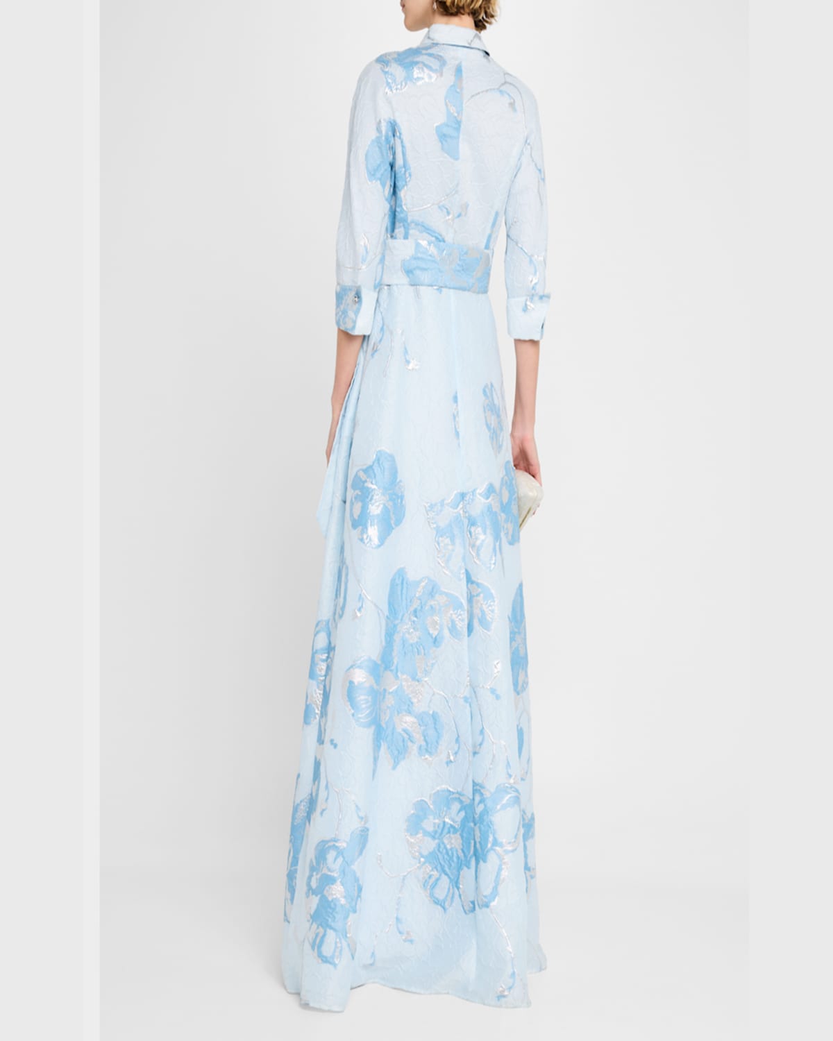 Rickie Freeman For Teri Jon A-line Metallic Jacquard Shirt Gown In Lt Blue Multi