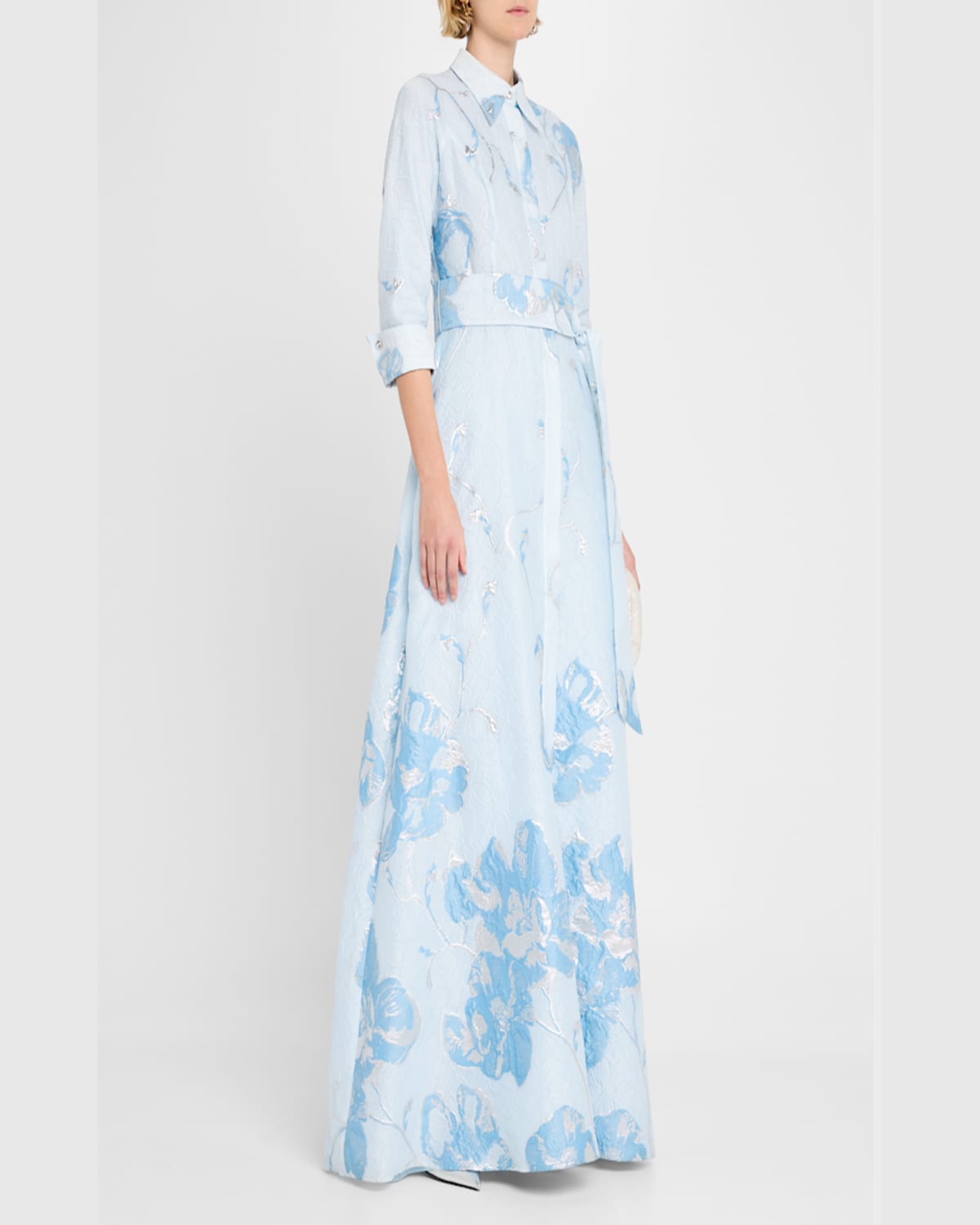 Rickie Freeman For Teri Jon A-line Metallic Jacquard Shirt Gown In Lt Blue Multi