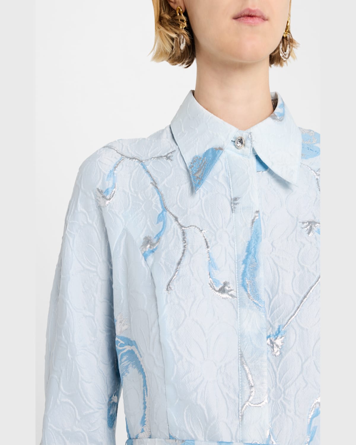 Rickie Freeman For Teri Jon A-line Metallic Jacquard Shirt Gown In Lt Blue Multi