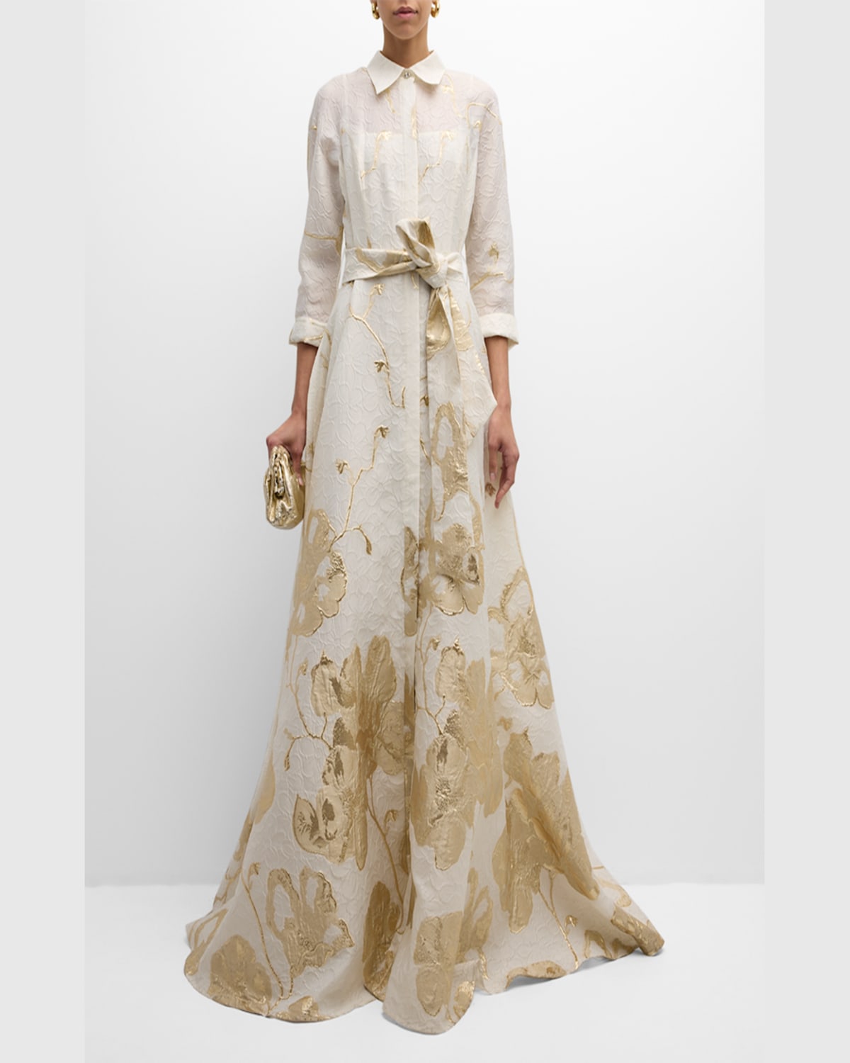 Rickie Freeman For Teri Jon A-line Metallic Jacquard Shirt Gown In Lt Blue Multi
