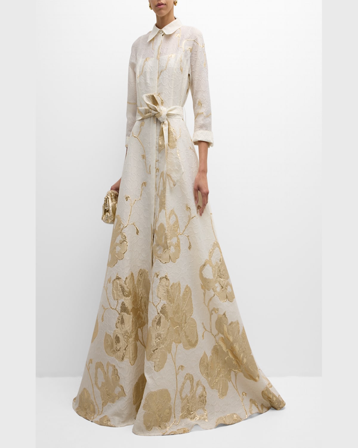 Rickie Freeman For Teri Jon A-line Metallic Jacquard Shirt Gown In Lt Blue Multi