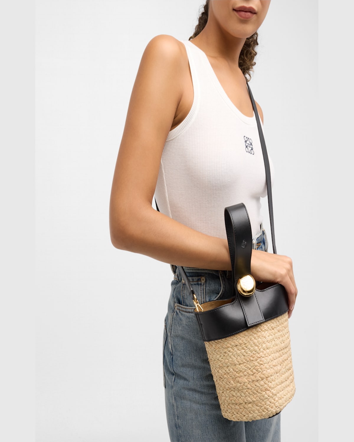 Loewe Mini Anagram Pebble Raffia Bucket Bag In Natural/black