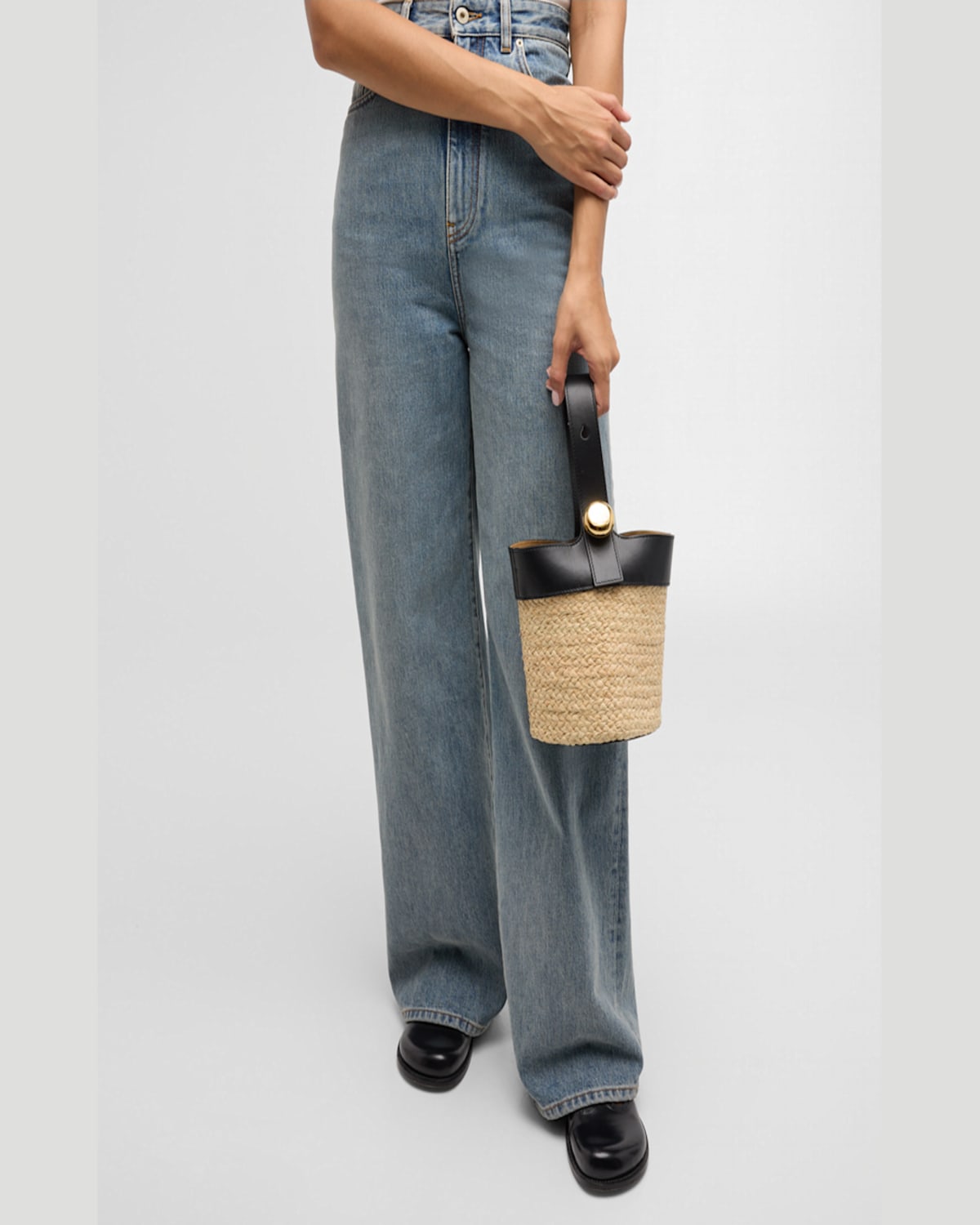 Loewe Mini Anagram Pebble Raffia Bucket Bag In Natural/black