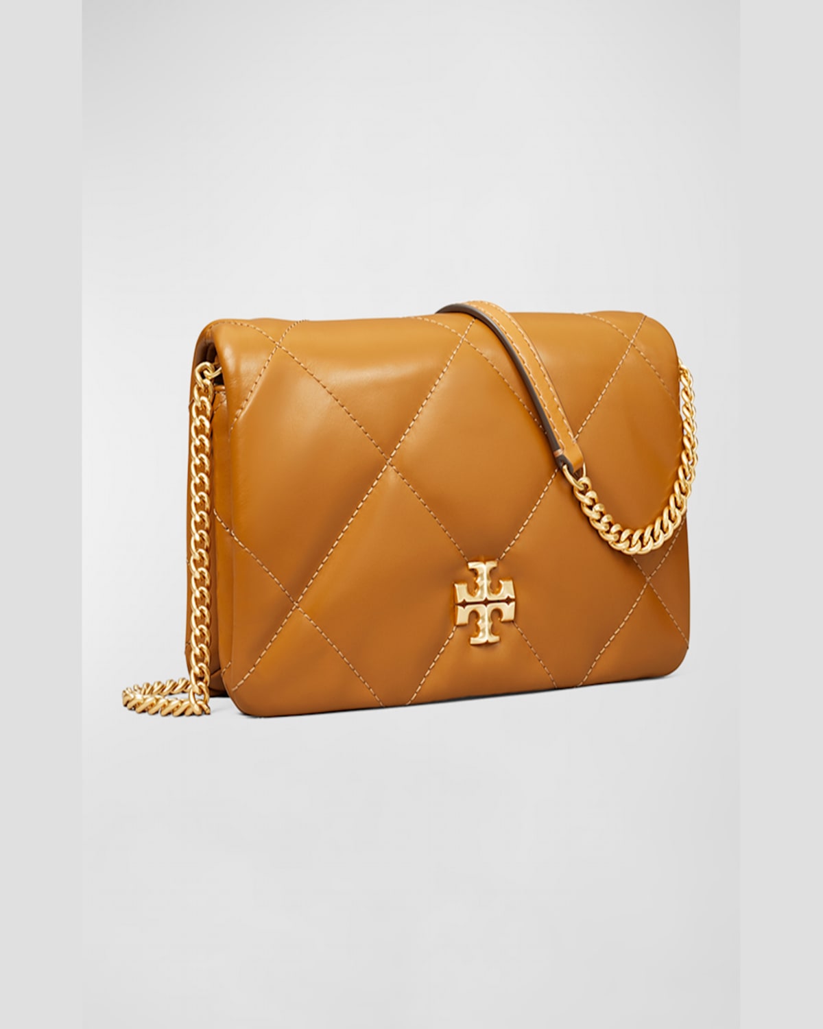 Tory Burch Kira Diamond Quilted Leather Wallet On A Chain In Tan