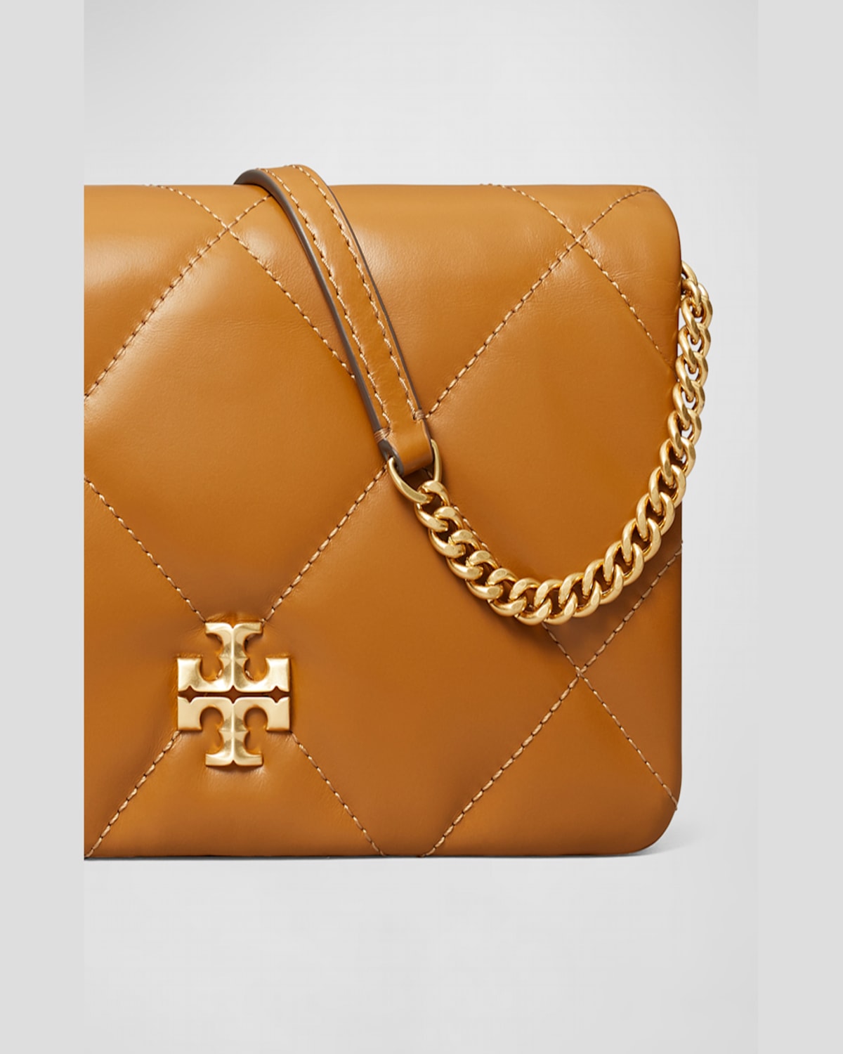 Tory Burch Kira Diamond Quilted Leather Wallet On A Chain In Tan