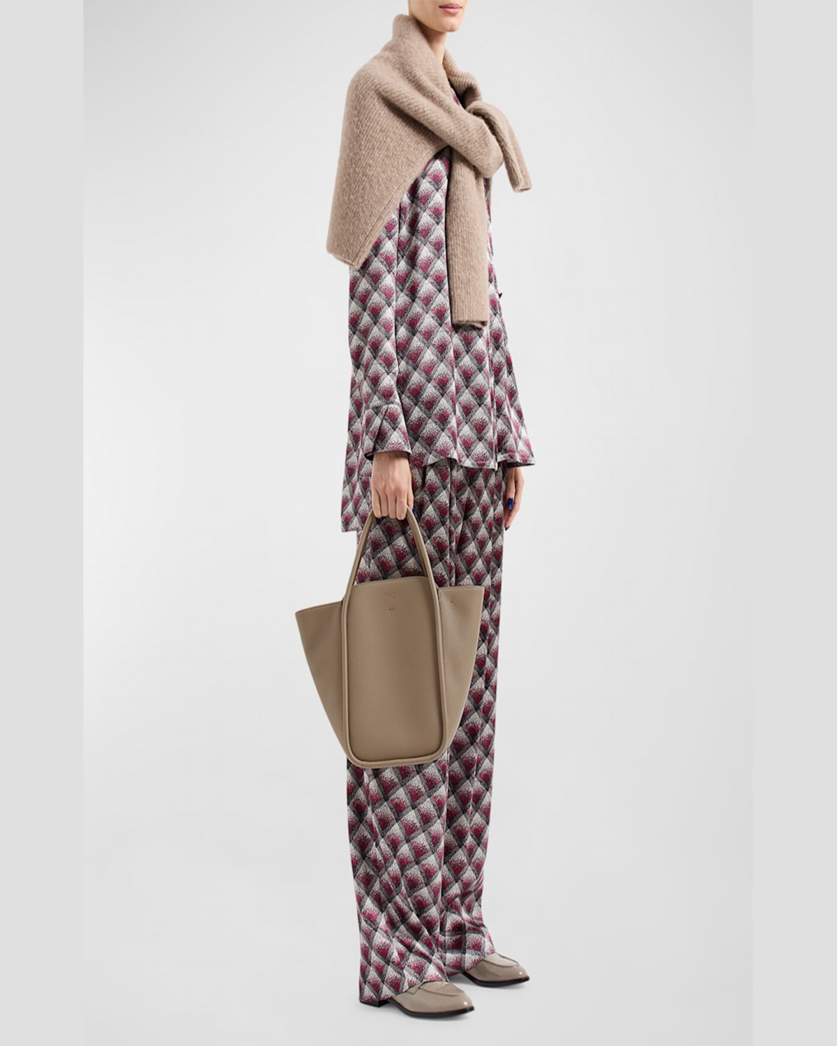 Shop Giorgio Armani Calf Leather Shopping Tote Bag In Dark Beige
