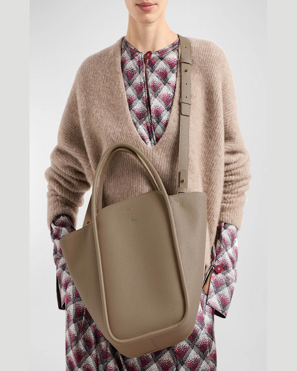 Shop Giorgio Armani Calf Leather Shopping Tote Bag In Dark Beige