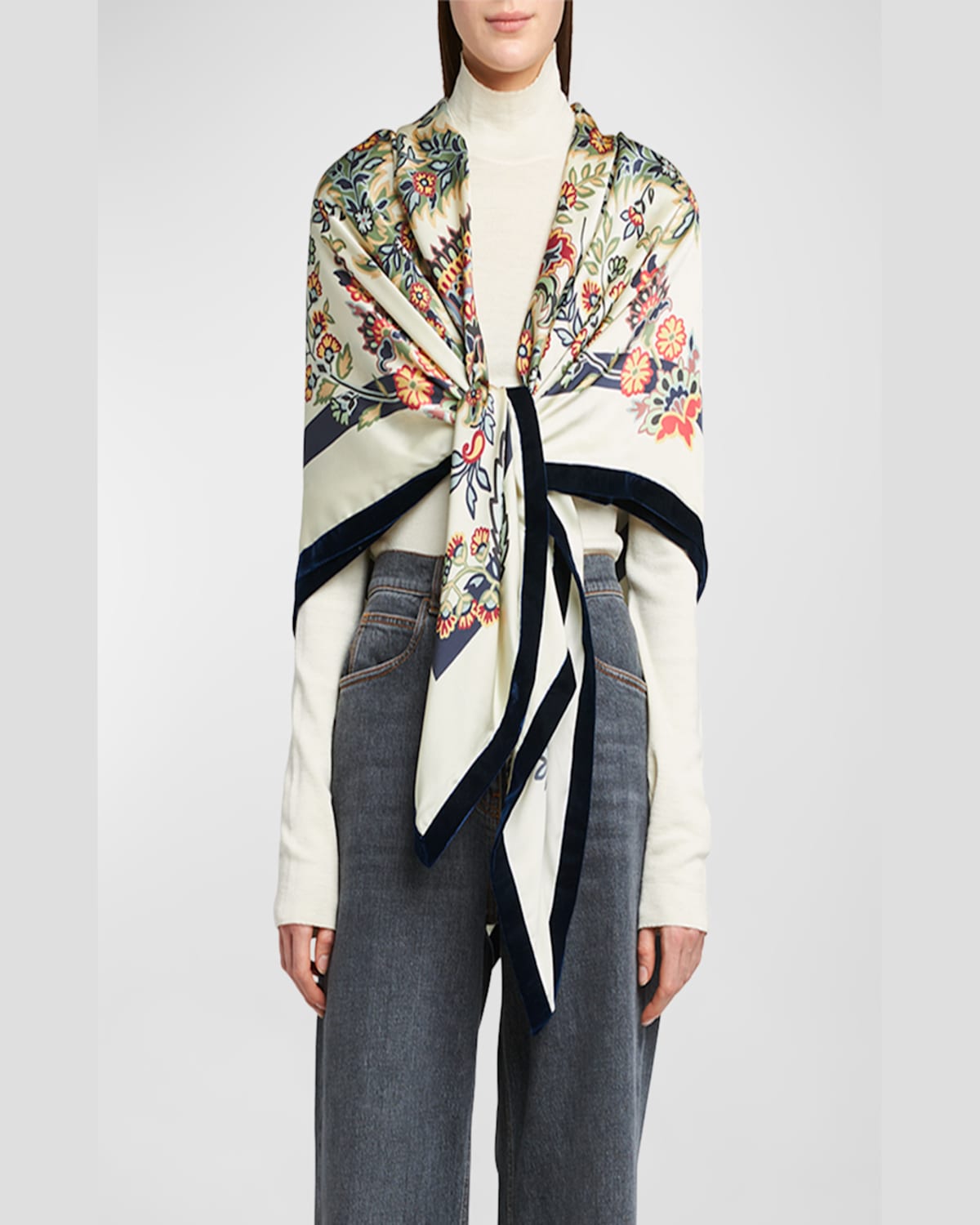 Etro Floral Silk Shawl With Velvet Trim In Print On Beige Base