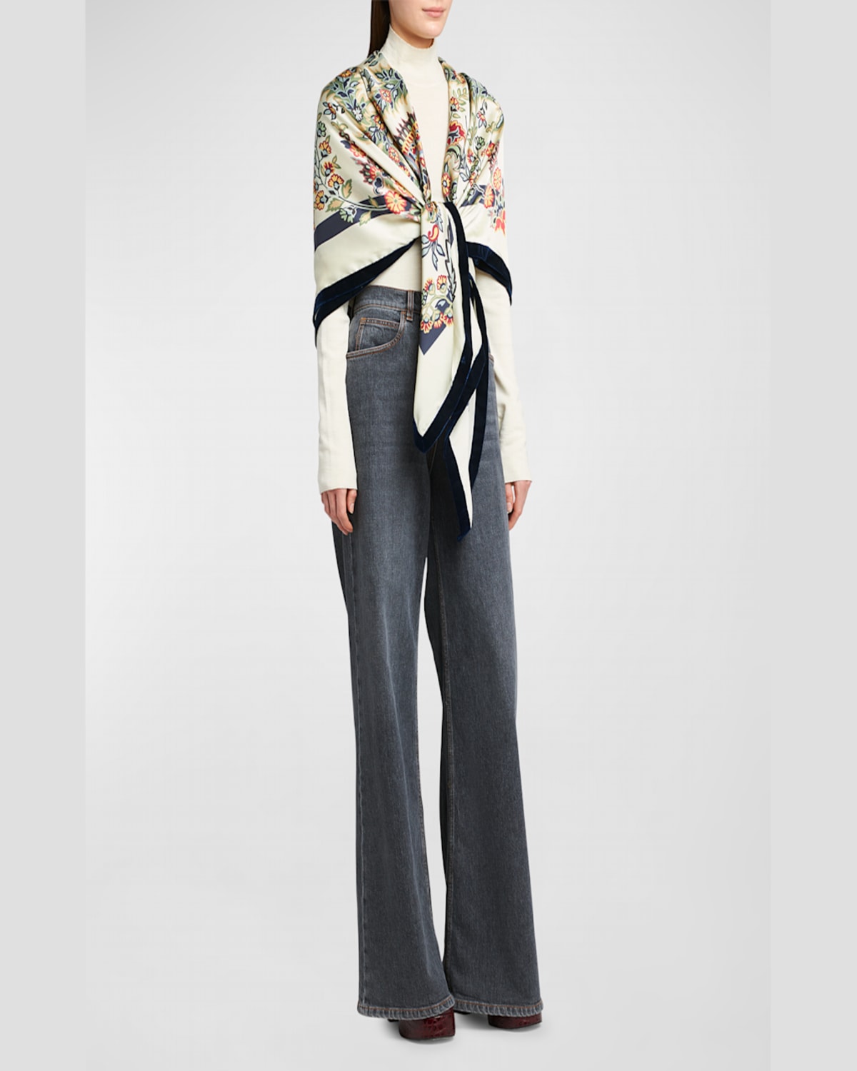 Etro Floral Silk Shawl With Velvet Trim In Print On Beige Base
