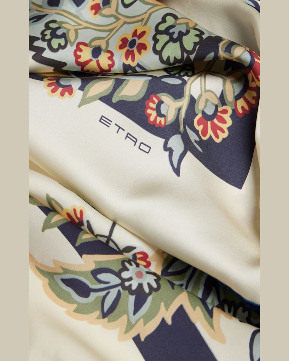 Etro Floral Silk Shawl With Velvet Trim In Print On Beige Base