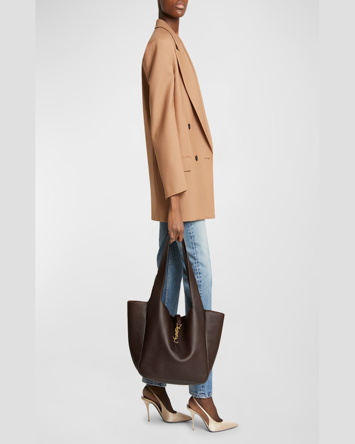 Saint Laurent Bea Ysl Tote Bag In Deer Leather In Sweet Choco