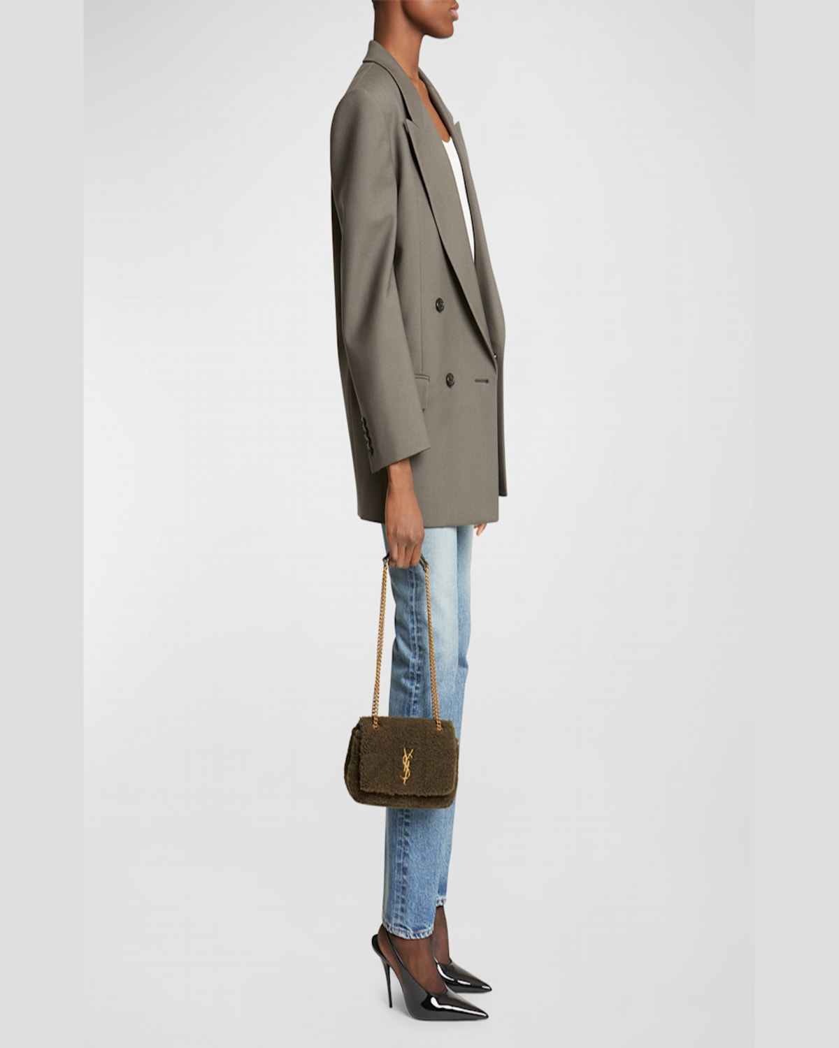 Saint Laurent Jamie Small Ysl Shoulder Bag In Lamb Shearling Fur In Grainy Moss
