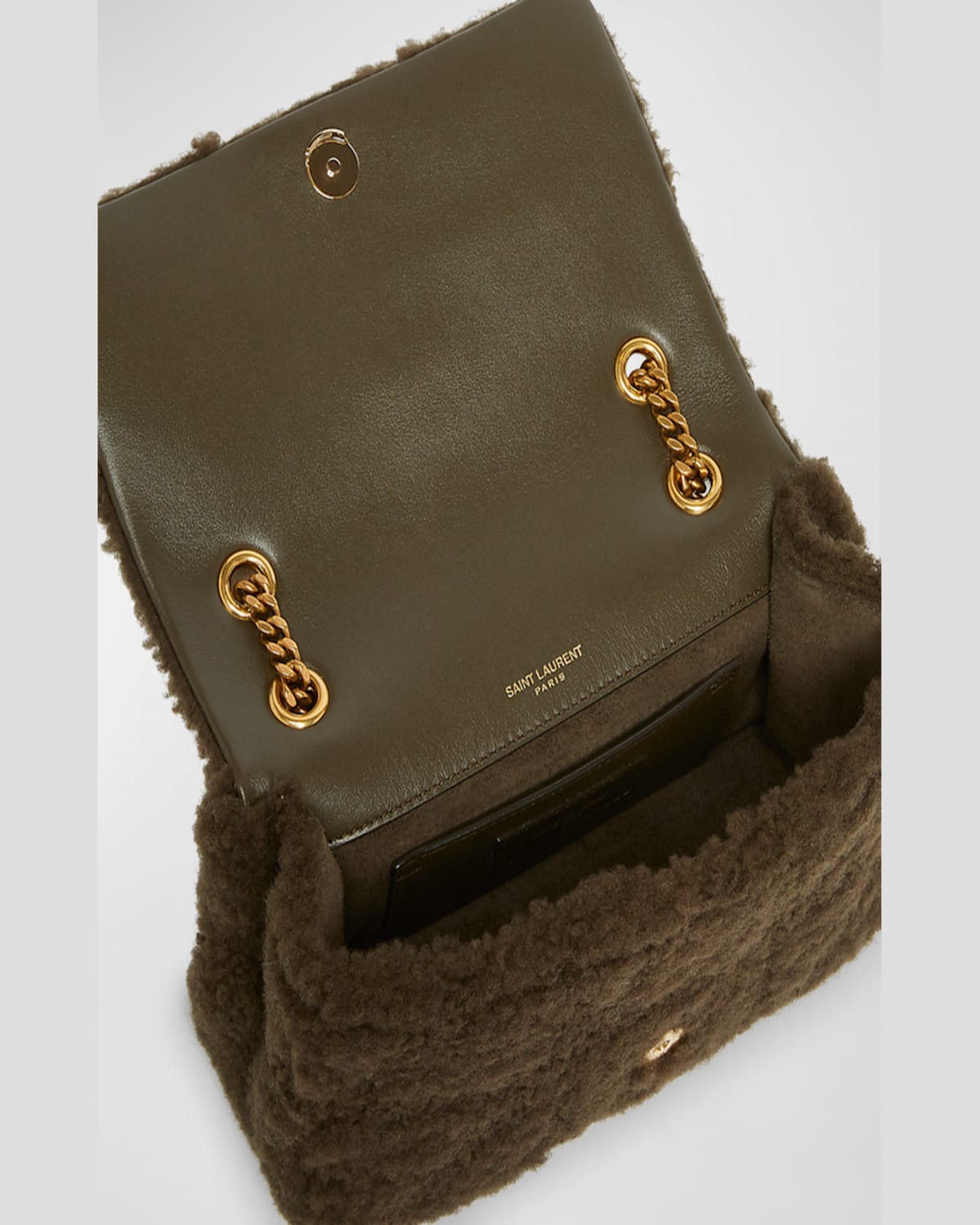 Saint Laurent Jamie Small Ysl Shoulder Bag In Lamb Shearling Fur In Grainy Moss