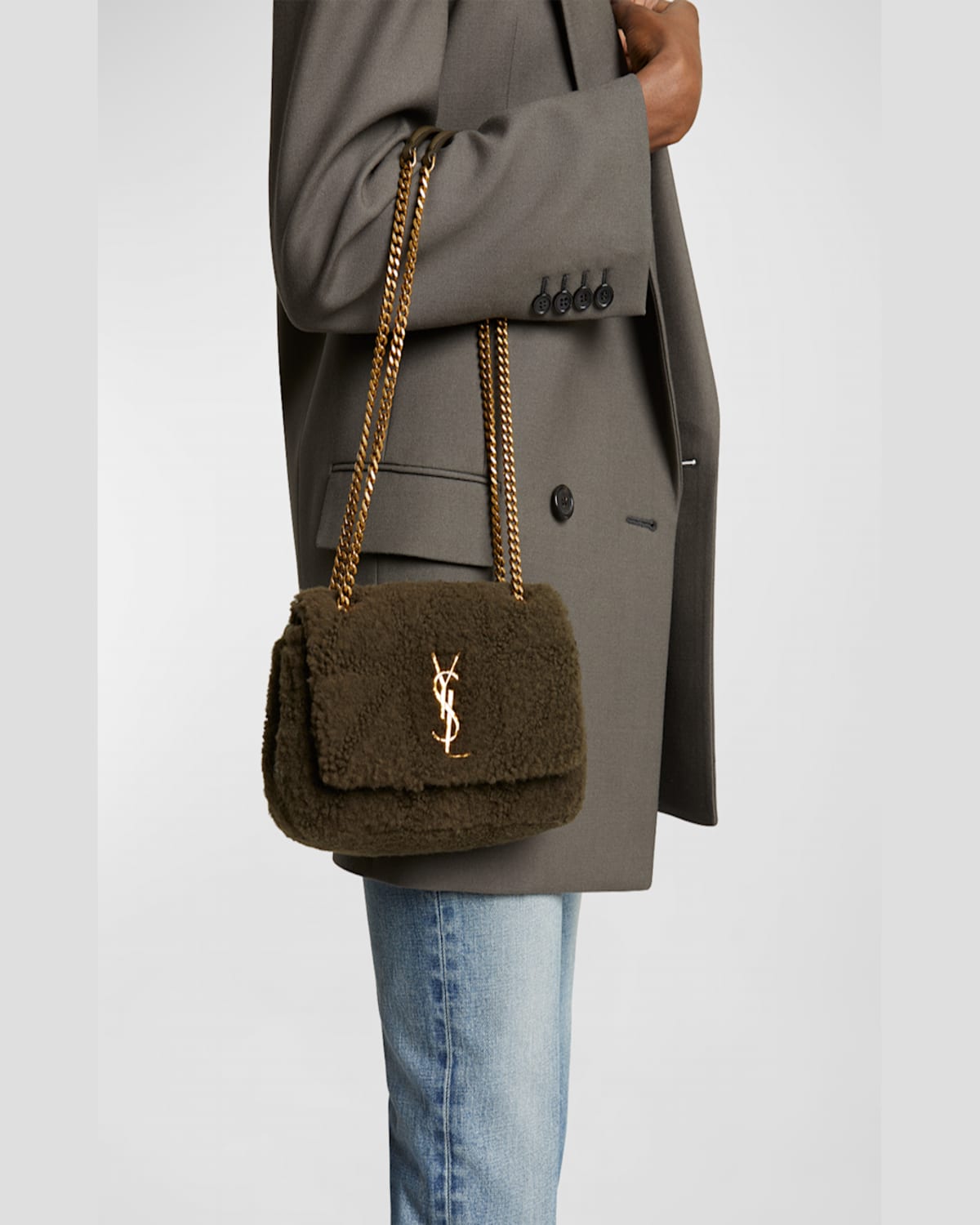 Saint Laurent Jamie Small Ysl Shoulder Bag In Lamb Shearling Fur In Grainy Moss
