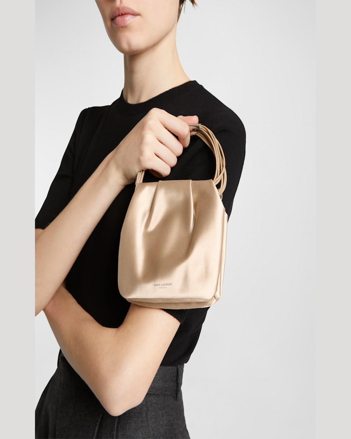 Saint Laurent Mini Pochon Satin Top-handle Bag In Nude Powder