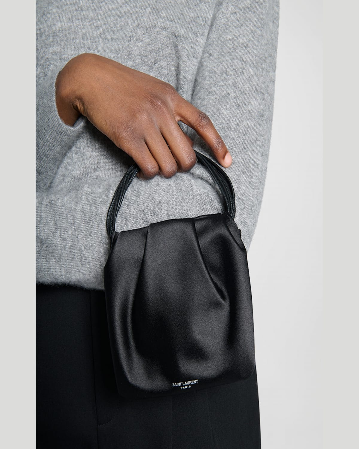 Saint Laurent Pochon Mini Top-handle Bag In Satin Silk In Nero