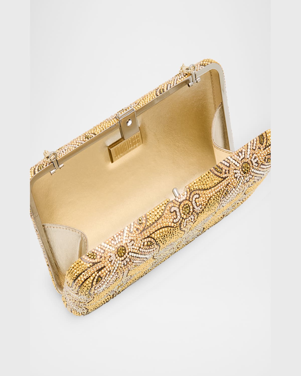 Judith Leiber Rectangle Gilded Stamp Crystal Clutch Bag In Silver Aurum Mutli