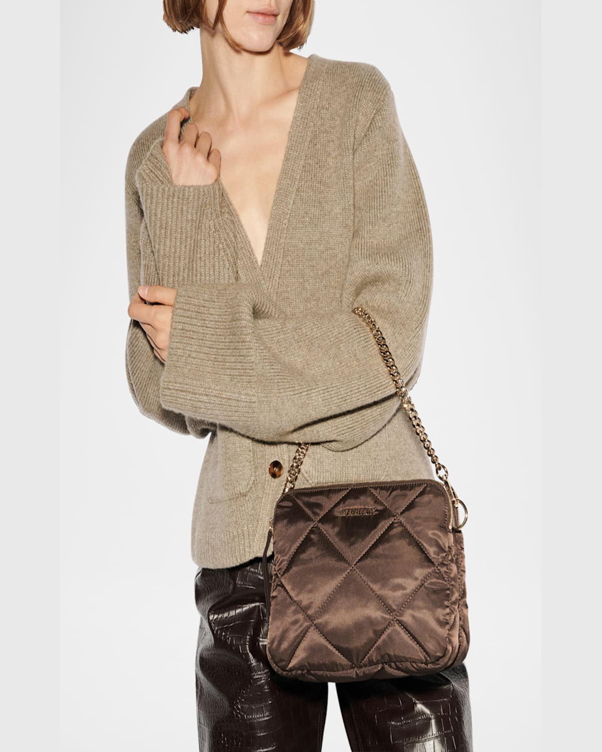 Shop Mz Wallace Madison Quilted Nylon Crossbody Bag In Dark Brown