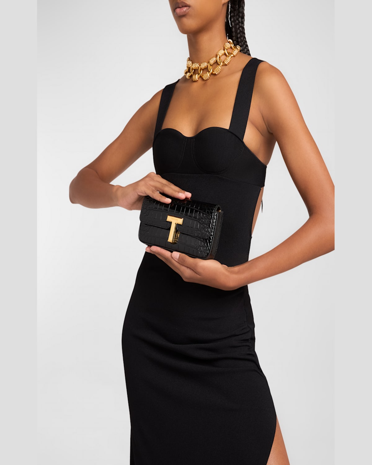 Tom Ford Wallis Stamped Crocodile Leather Mini Chain Shoulder Bag In Black