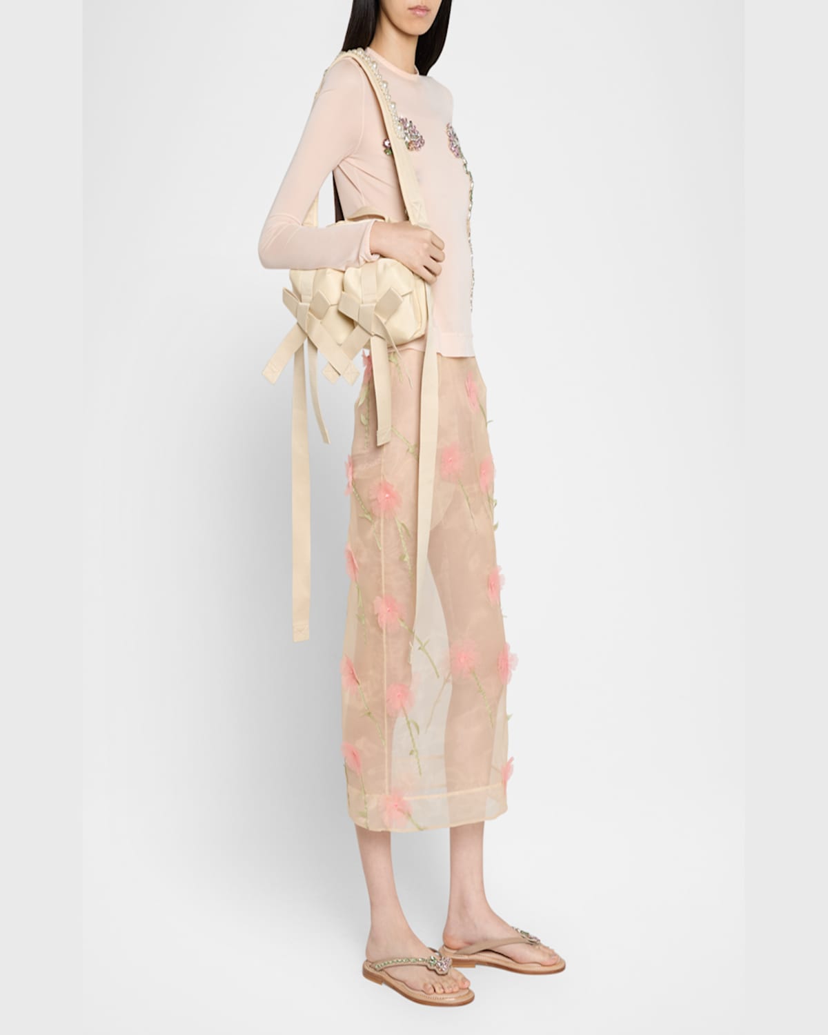 Simone Rocha Utility Bow Pearly Pochette Shoulder Bag In Stone Pearl