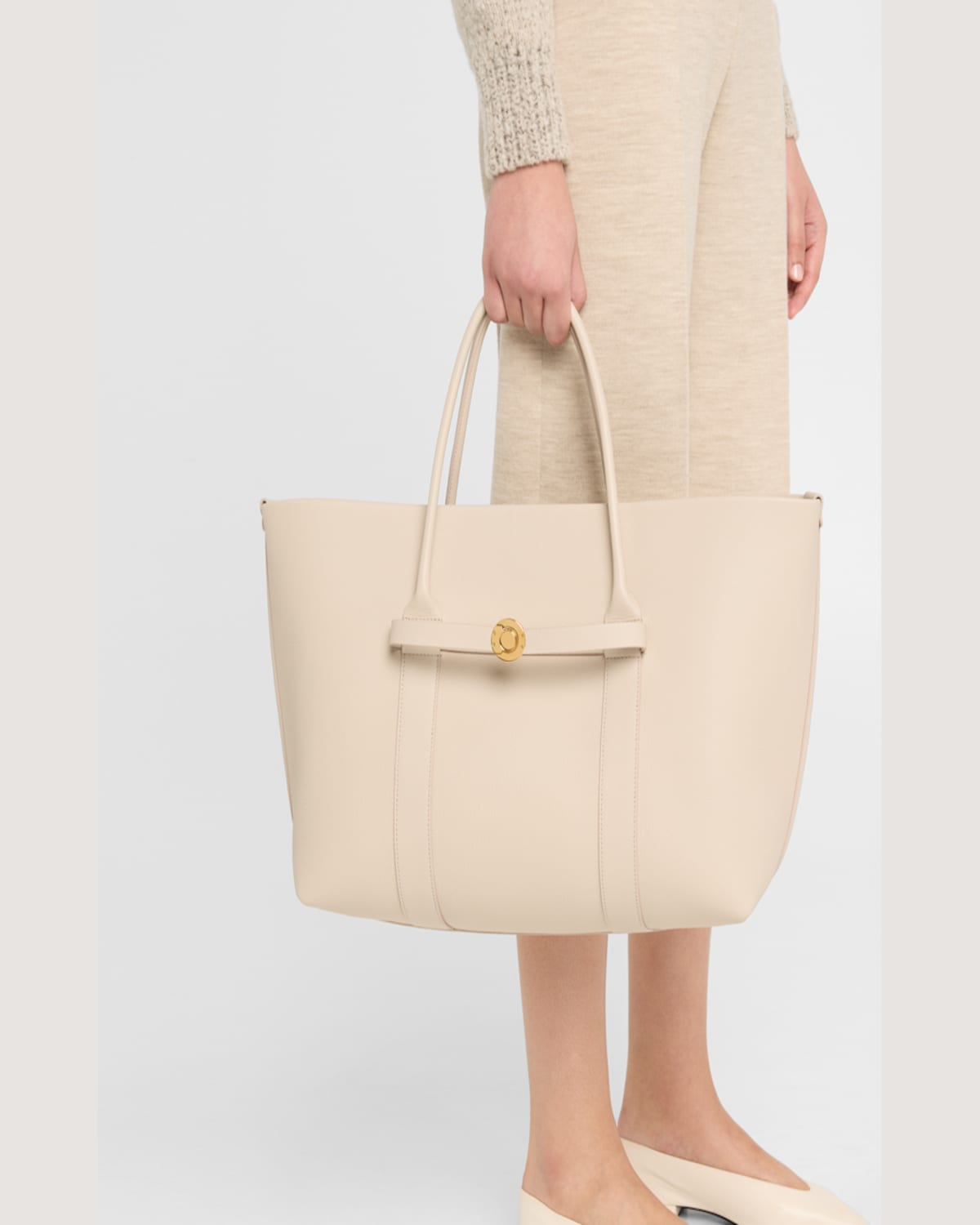 Loro Piana Ghiera Grained Leather & Cashmere Tote Back In Light Travertine Sun