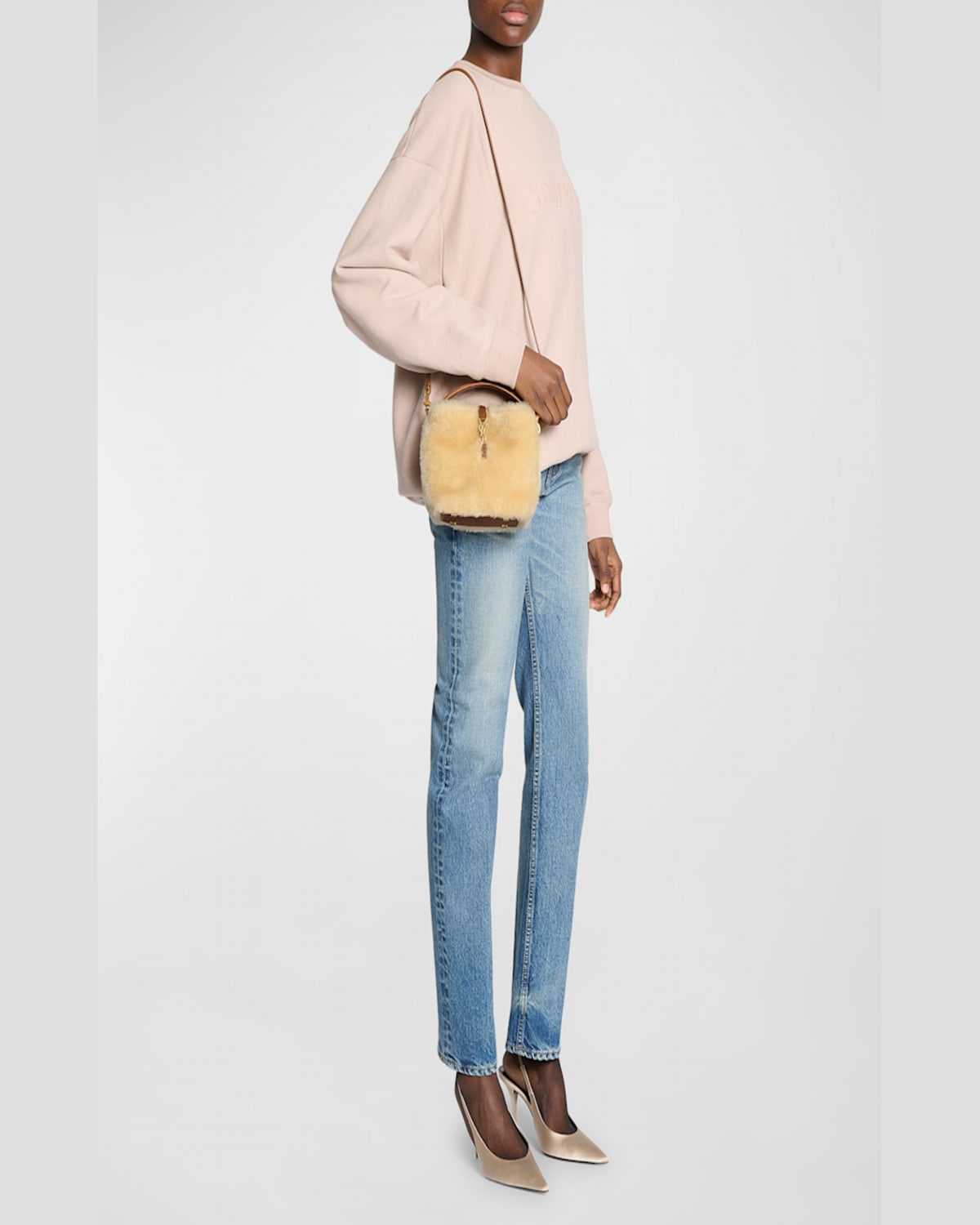 Shop Saint Laurent Le 37 Mini Ysl Bucket Bag In Lamb Shearling Fur In Cream Beige/brick