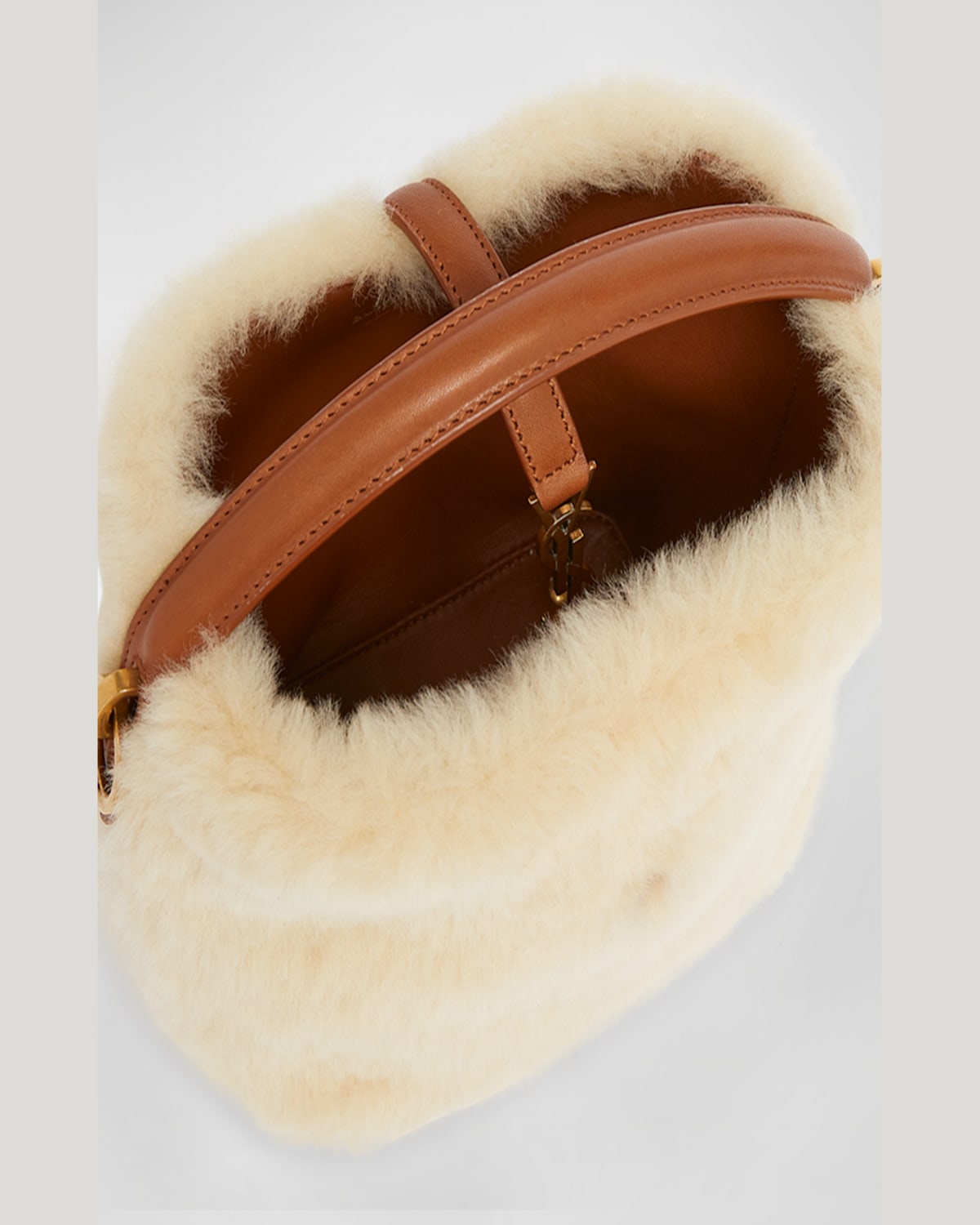 Shop Saint Laurent Le 37 Mini Ysl Bucket Bag In Lamb Shearling Fur In Cream Beige/brick
