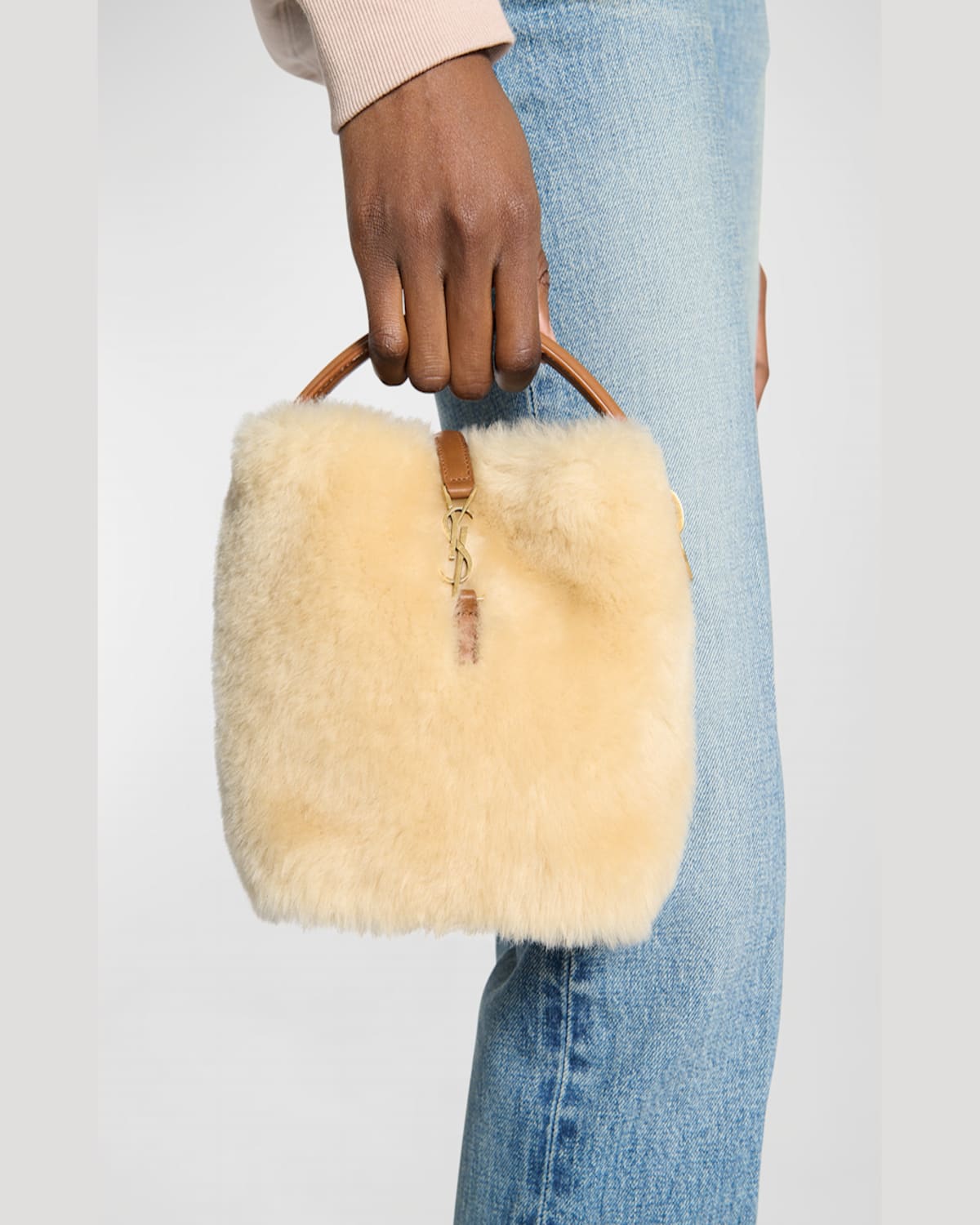Shop Saint Laurent Le 37 Mini Ysl Bucket Bag In Lamb Shearling Fur In Cream Beige/brick