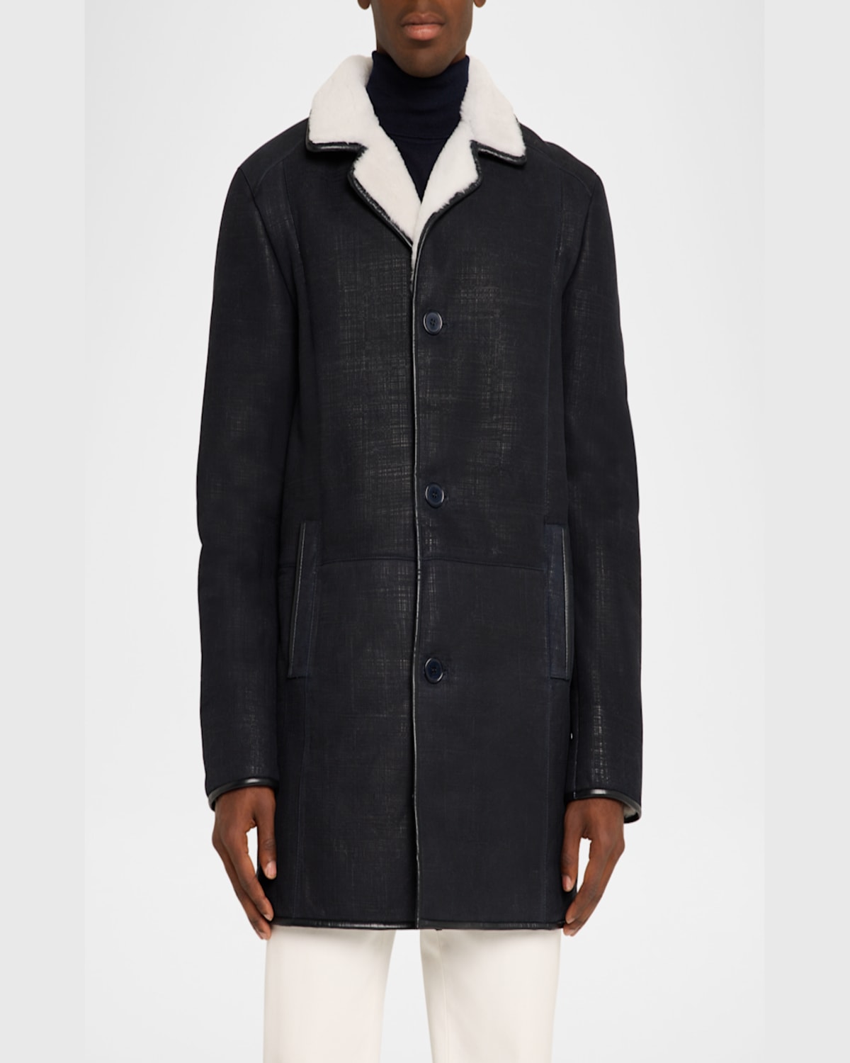 Shop Gorski Men's Merino Shearling Lamb Stroller Coat In Navy Pattern/white