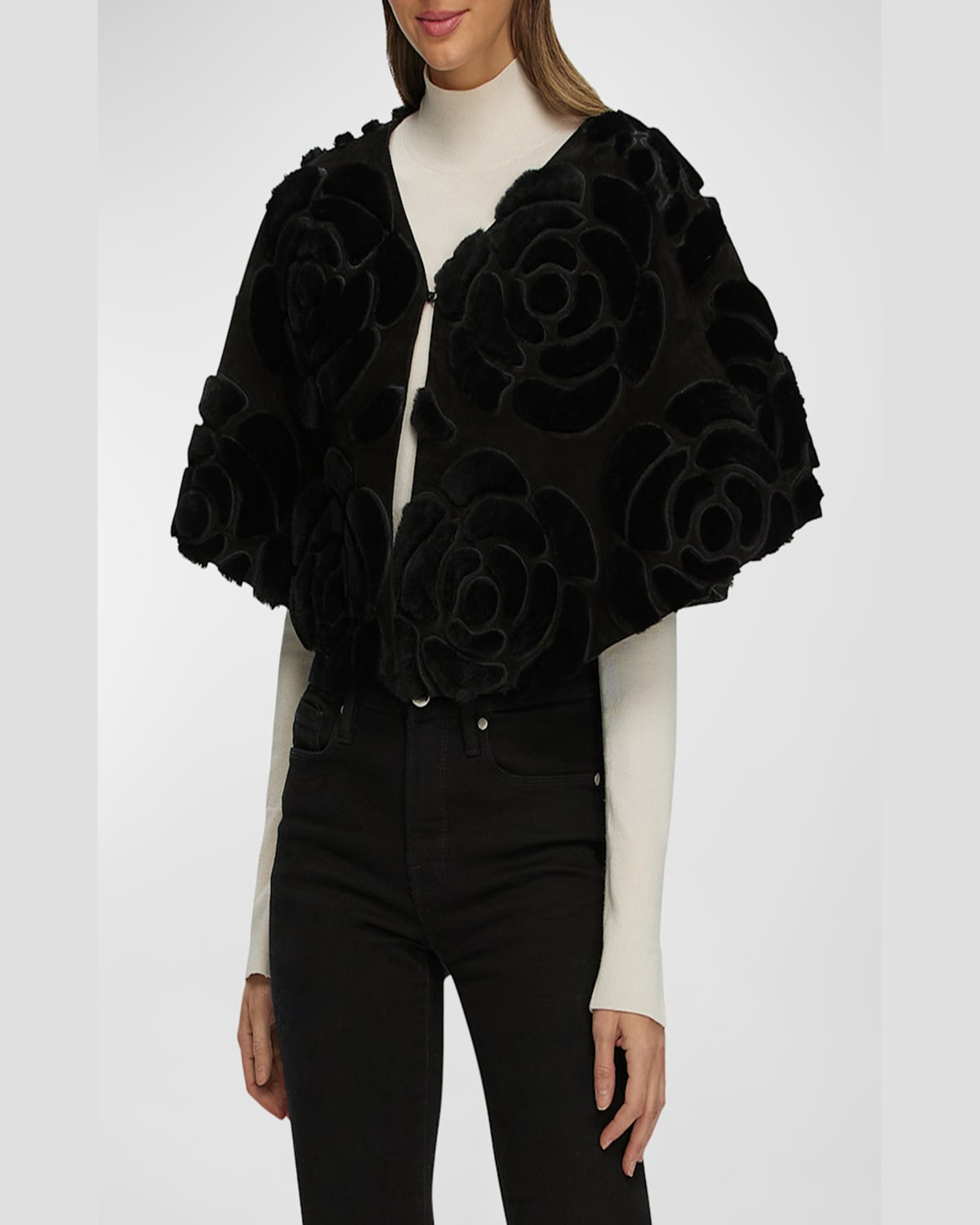 Gorski Select Shearling Lamb Floral Embroidered Suede Reversible Stole In Black