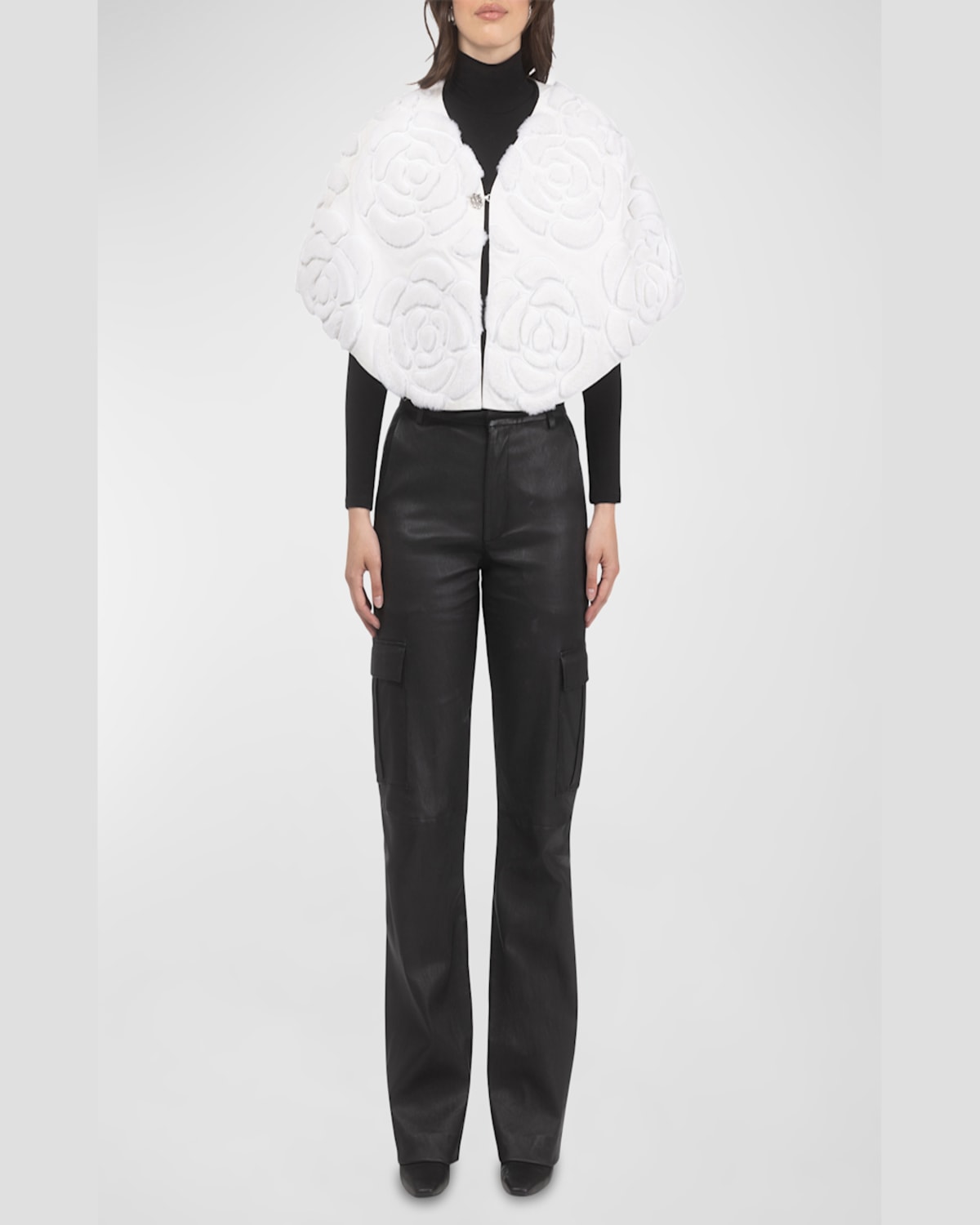 Gorski Select Shearling Lamb Floral Embroidered Suede Reversible Stole In White/black