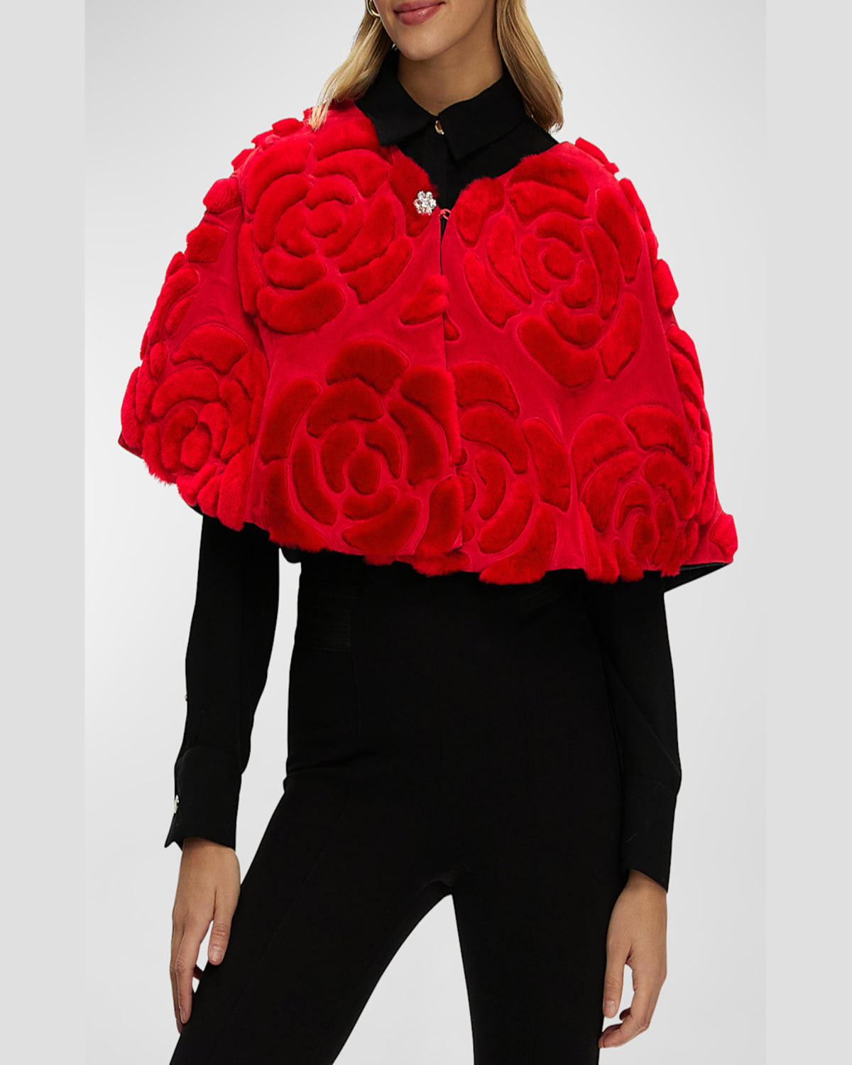 Gorski Select Shearling Lamb Floral Embroidered Suede Reversible Stole In Red/black