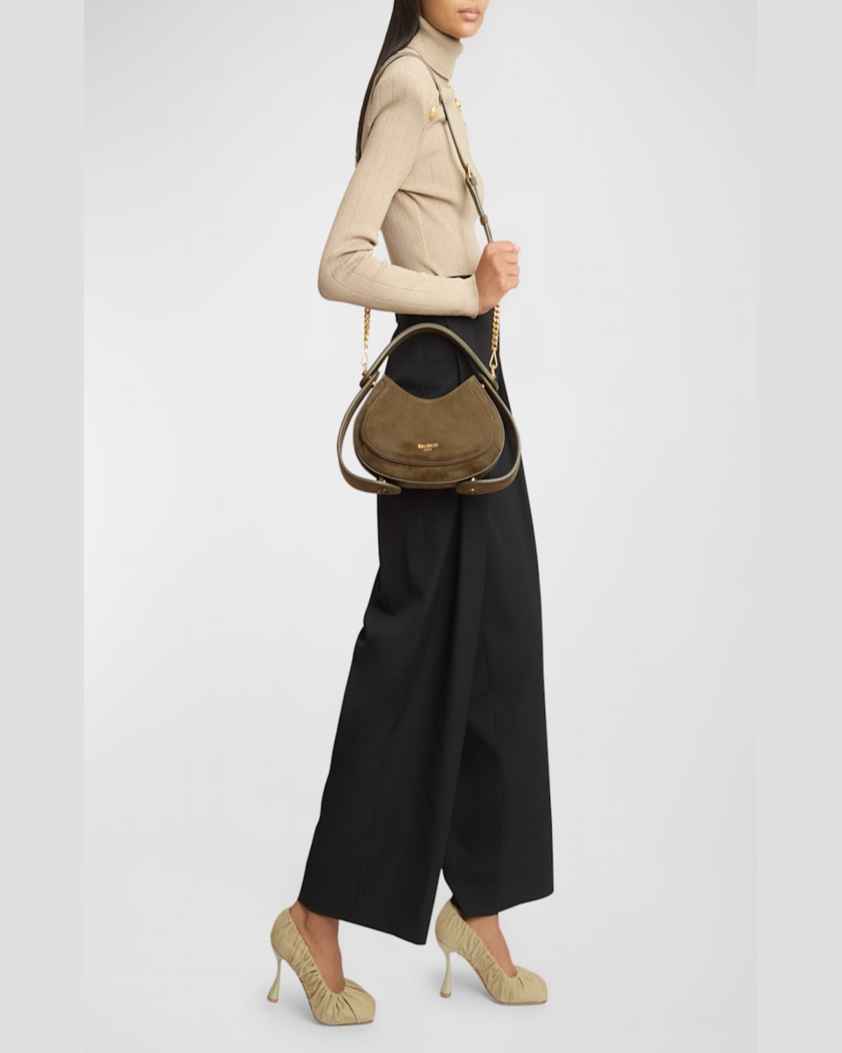 Balmain Jolie Madame Medium Top-handle Bag In Suede In Kaki