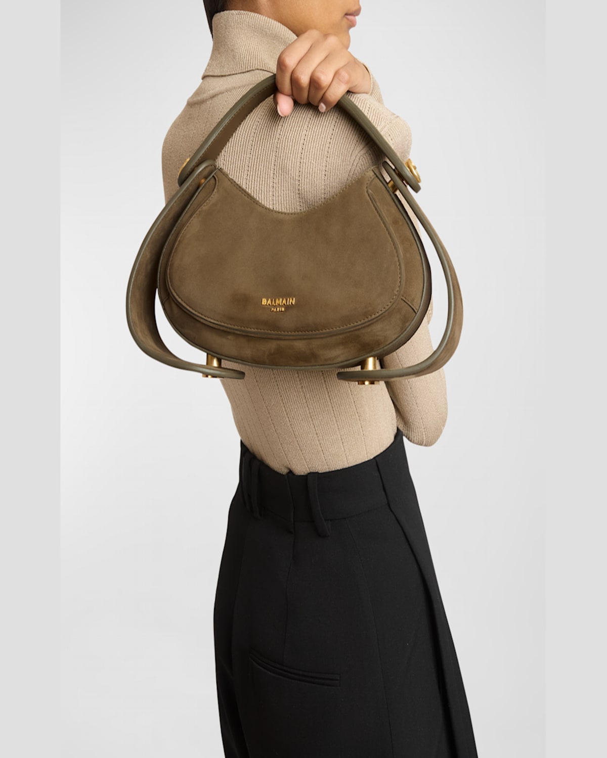 Balmain Jolie Madame Medium Top-handle Bag In Suede In Kaki