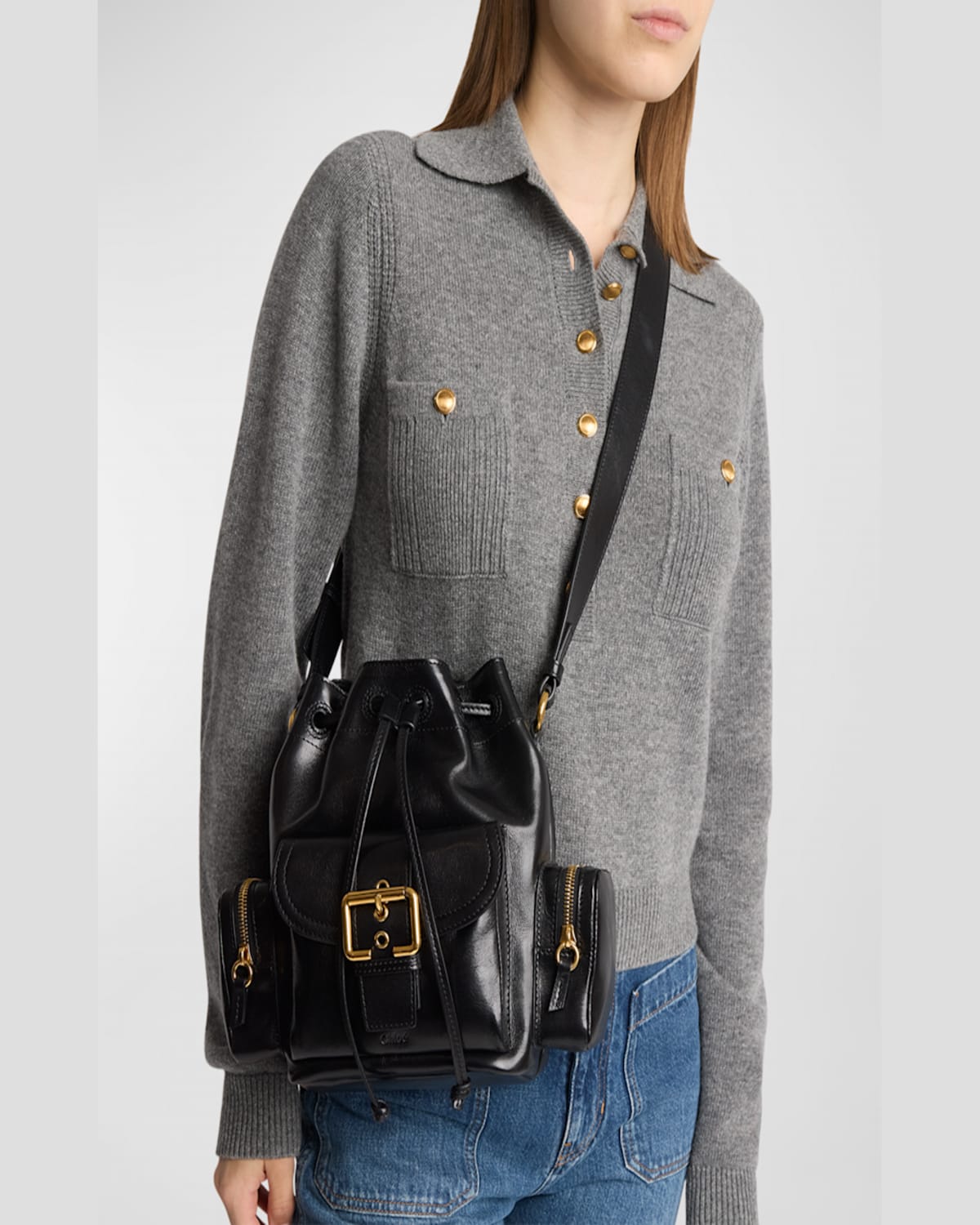 Chloé Camera Bucket Crossbody Bag In Shiny Calfskin In Black