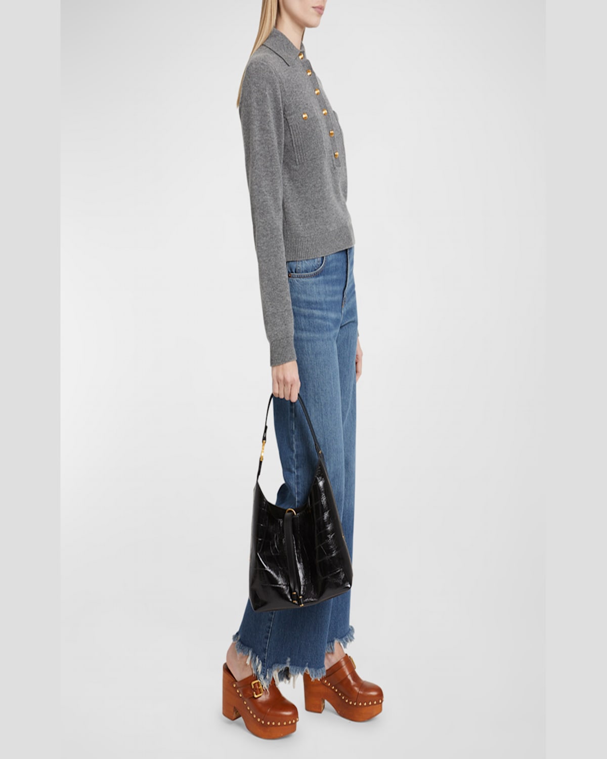 Chloé Marcie Small Hobo Bag In Croc-embossed Leather In Black