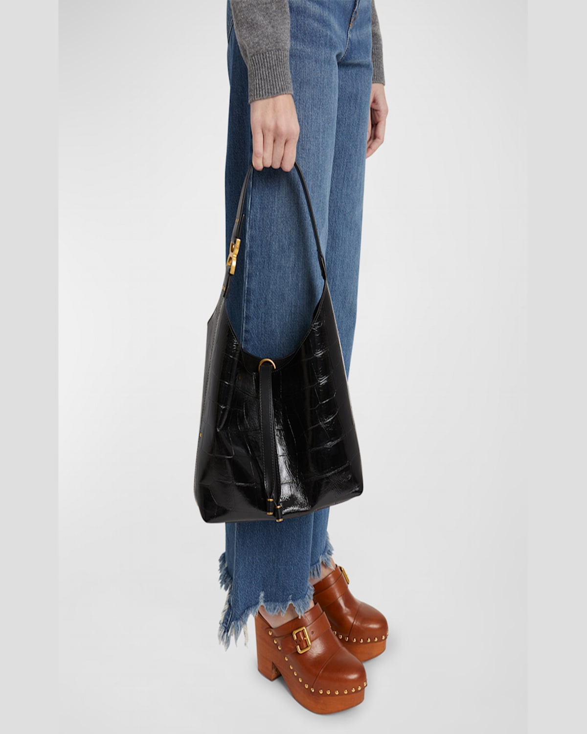Chloé Marcie Small Hobo Bag In Croc-embossed Leather In Black