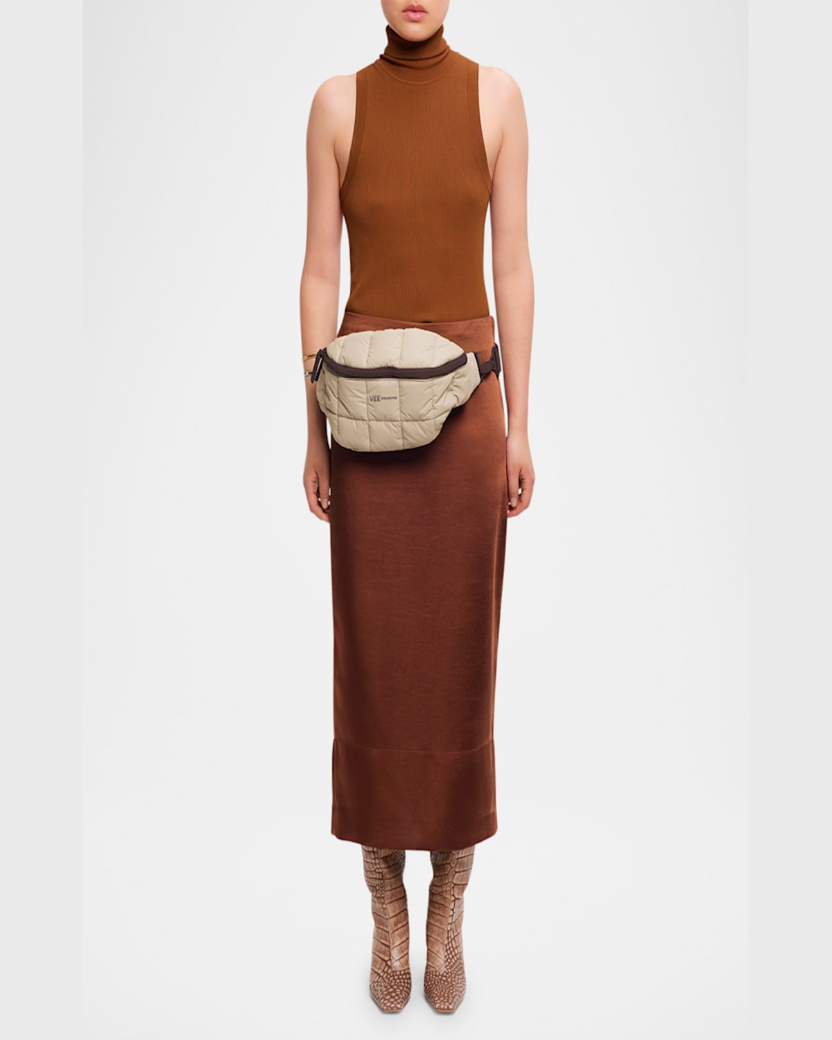 Veecollective Porter Sling Quilted Belt Bag In Beige Brown