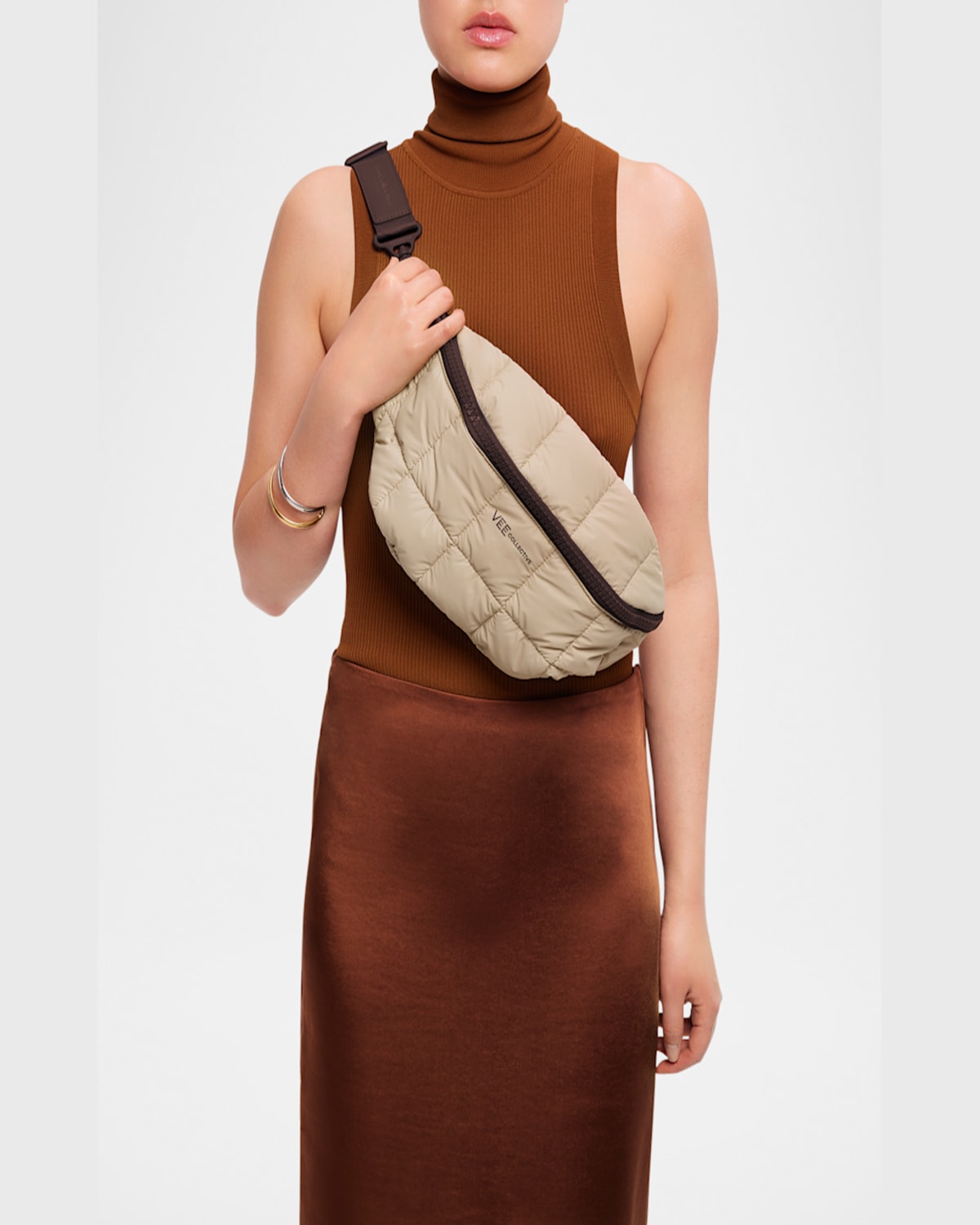 Veecollective Porter Sling Quilted Belt Bag In Beige Brown